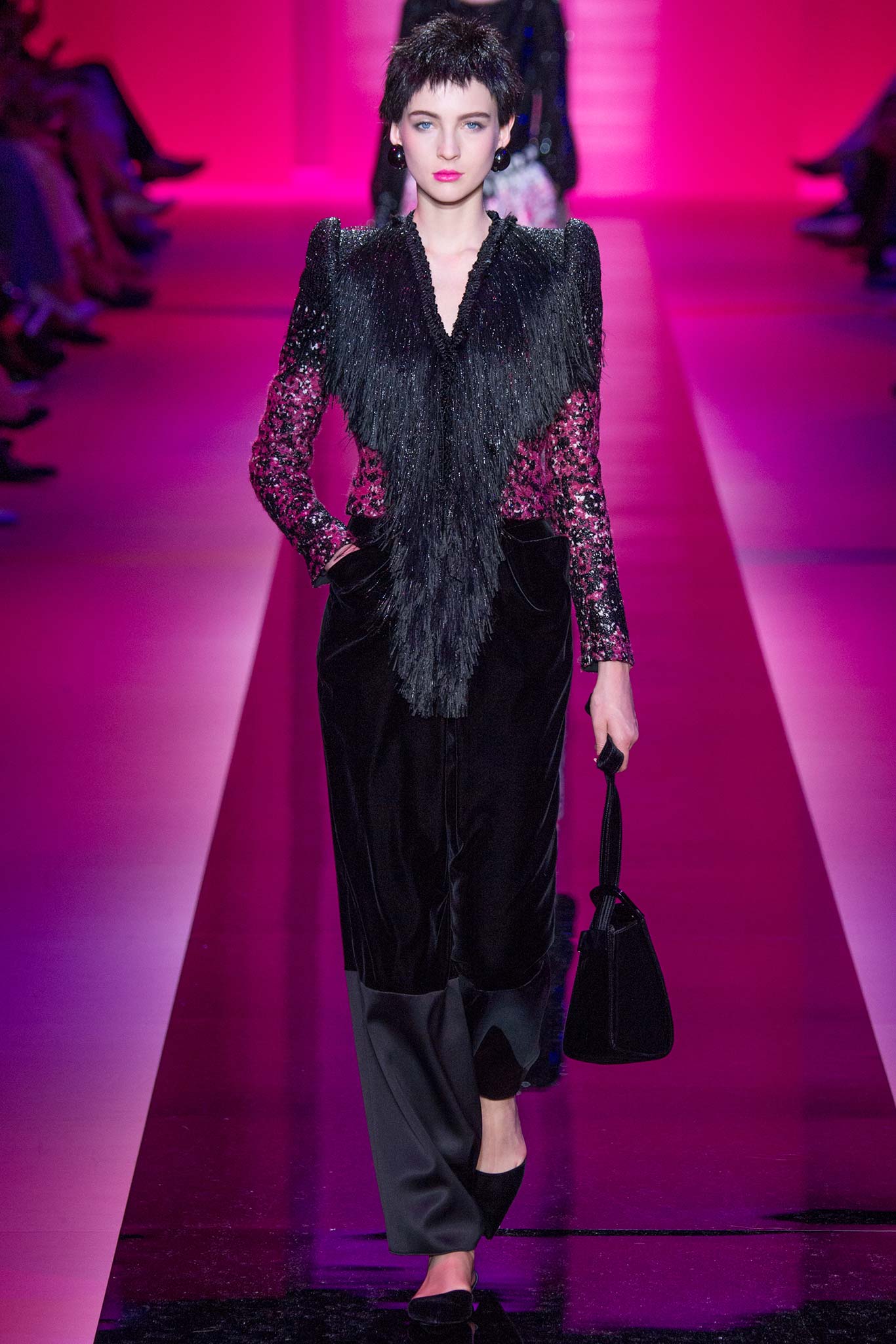 black and pink fringed blazer with tailored pants