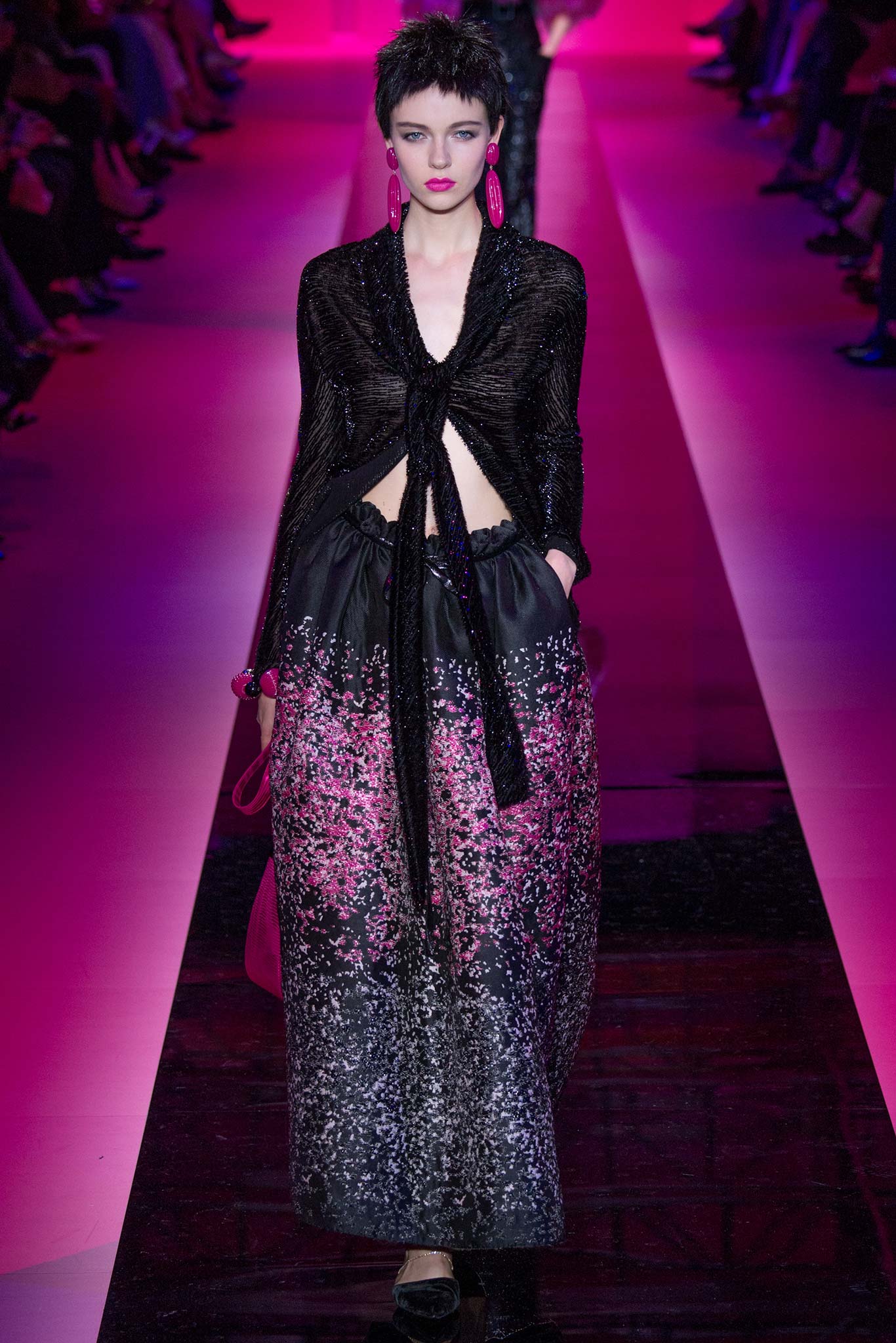 black silk draped top and tiered skirt