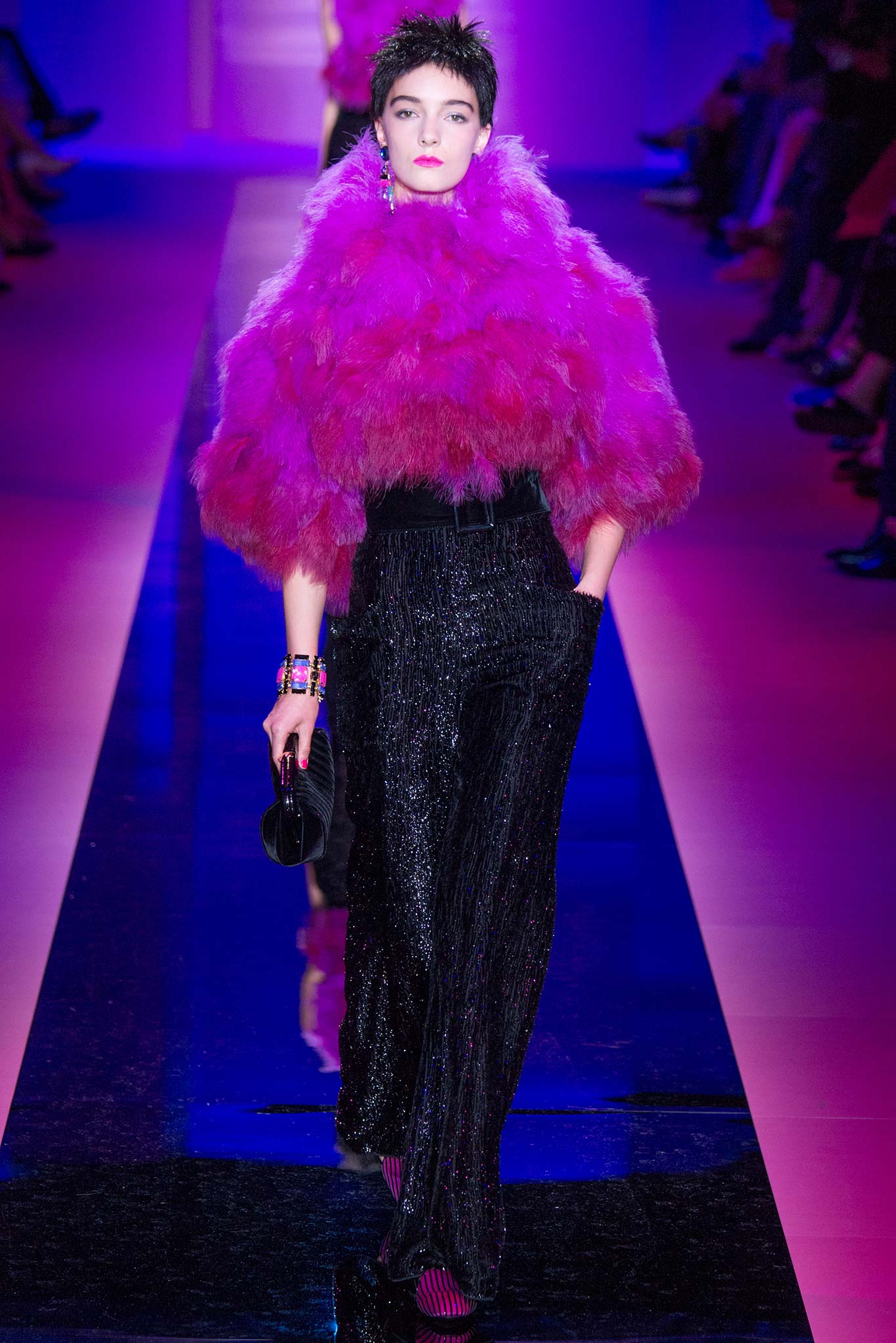 pink fur oversized top with black pants