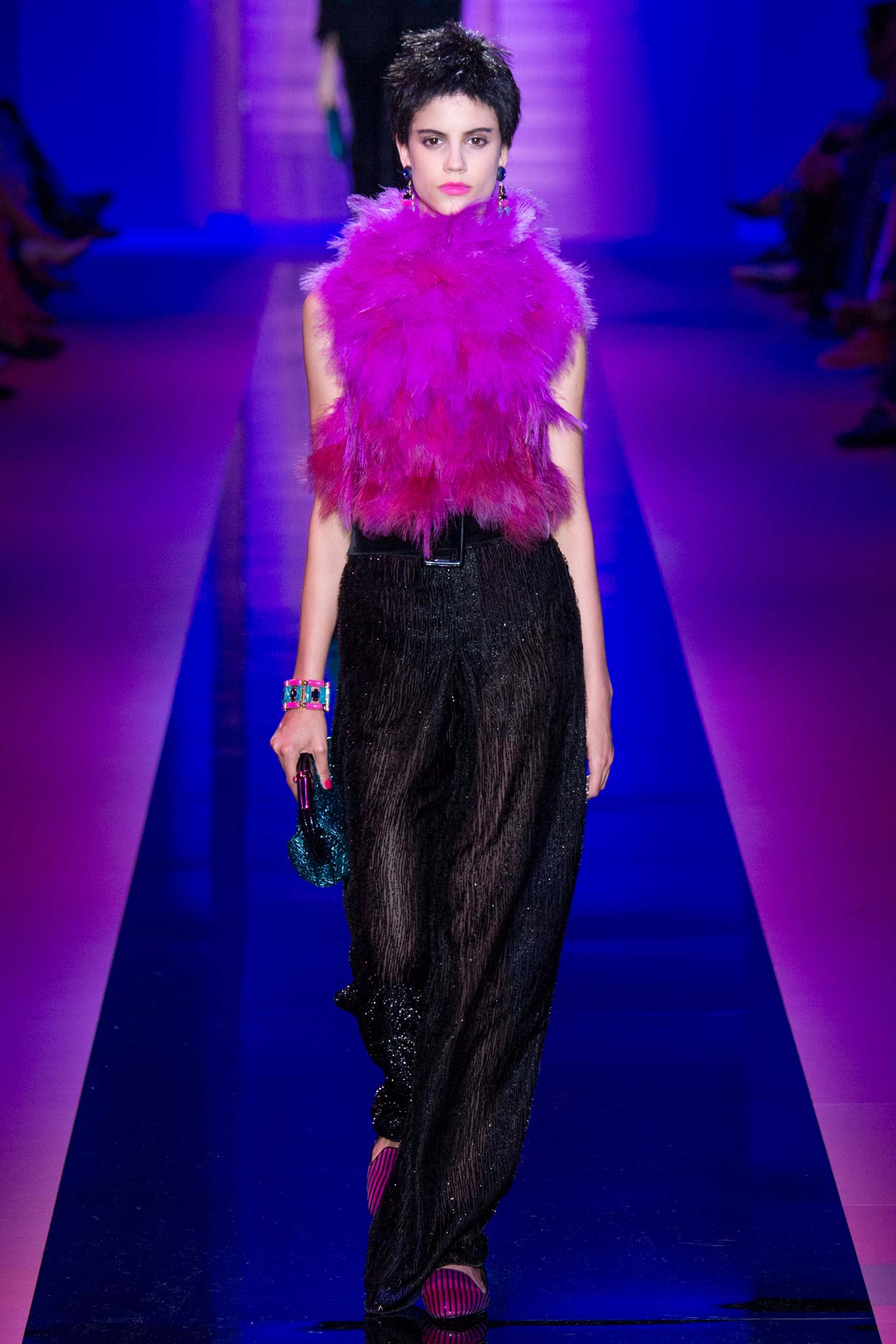 pink fur sleeveless fitted ruffled top