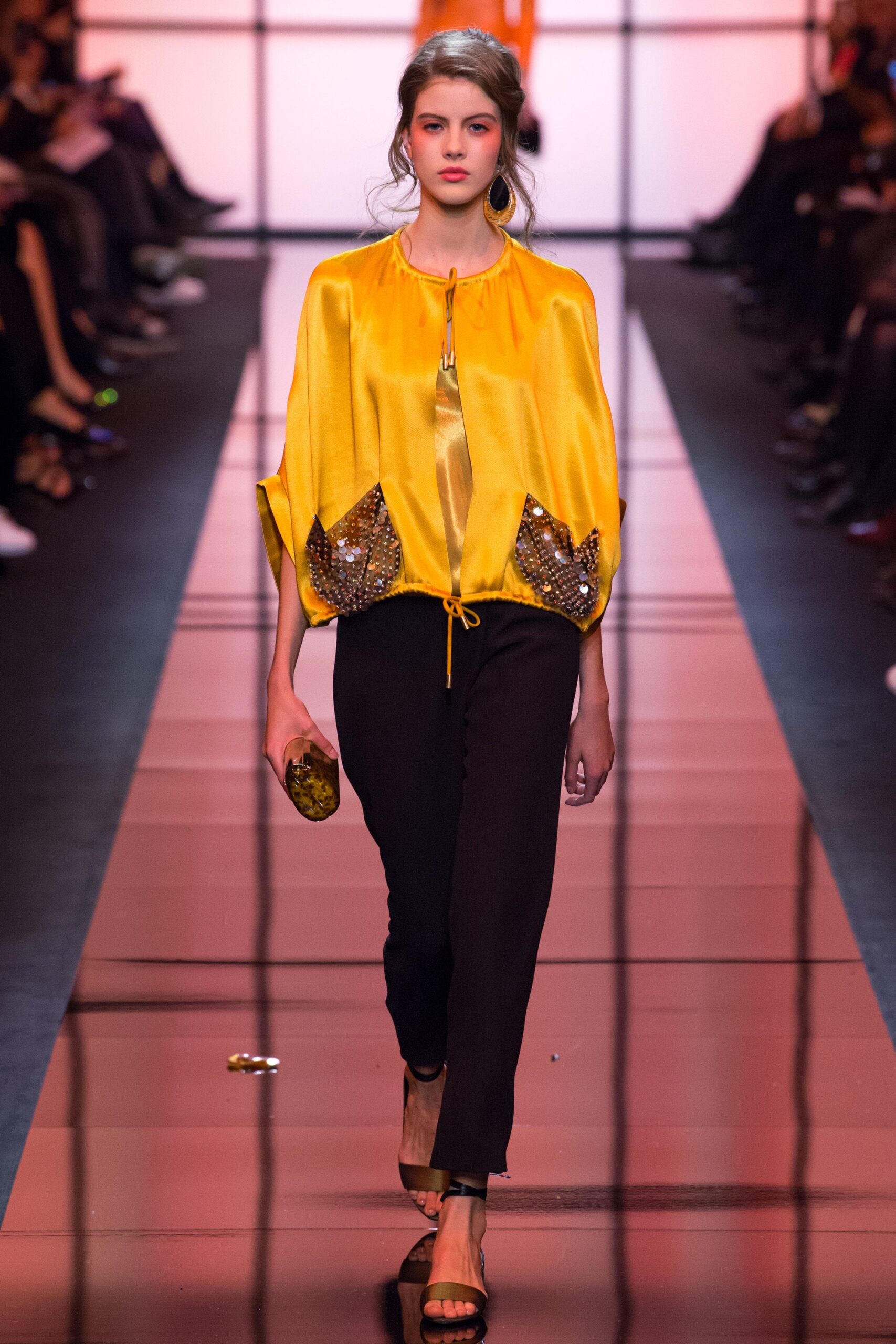 yellow silk long-sleeve collared relaxed zippered shiny top