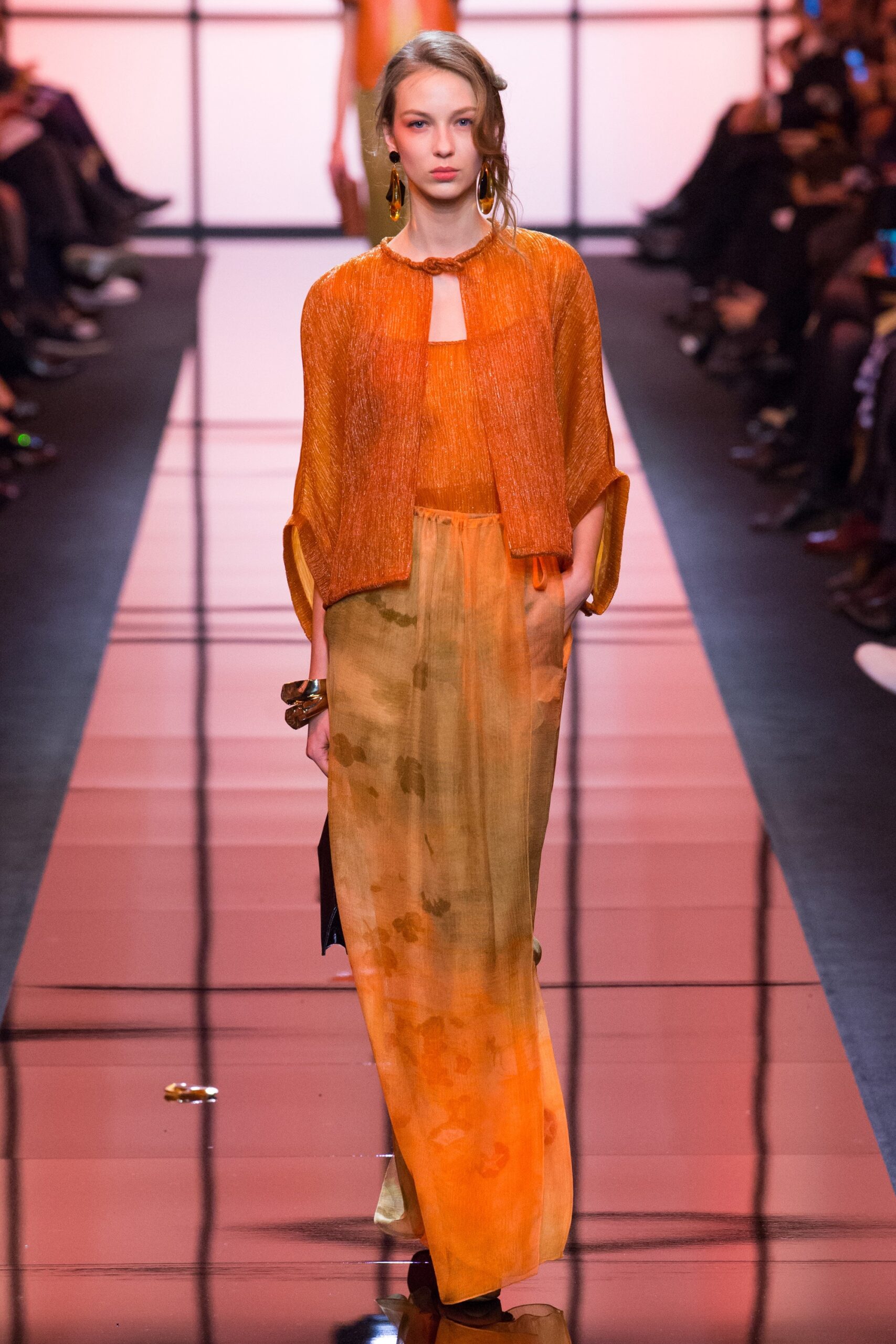 orange silk sleeveless high-neck relaxed draped top