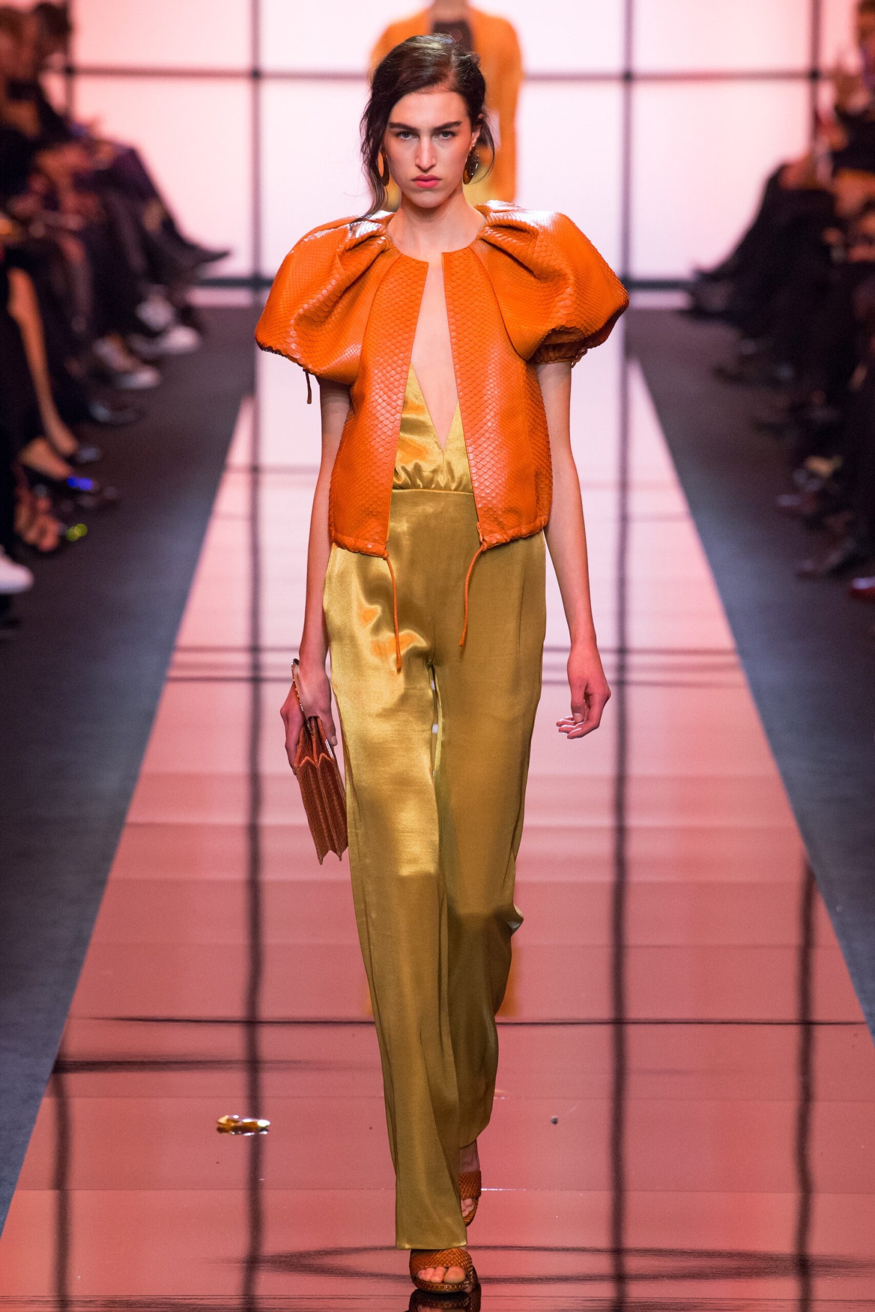 orange leather short-sleeve structured padded jacket