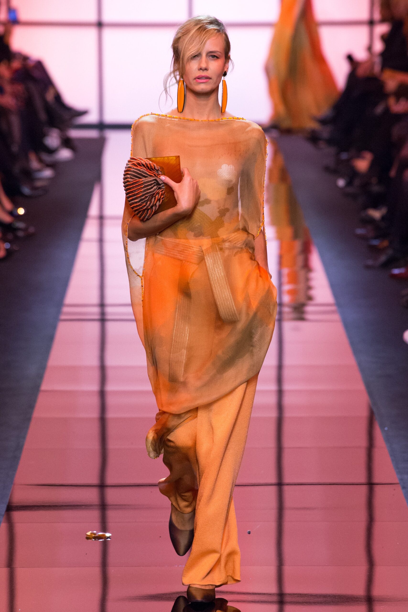 orange silk draped midi dress