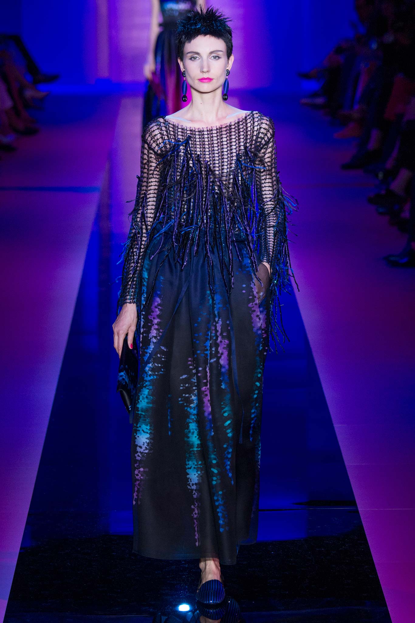 black and blue fringed gown