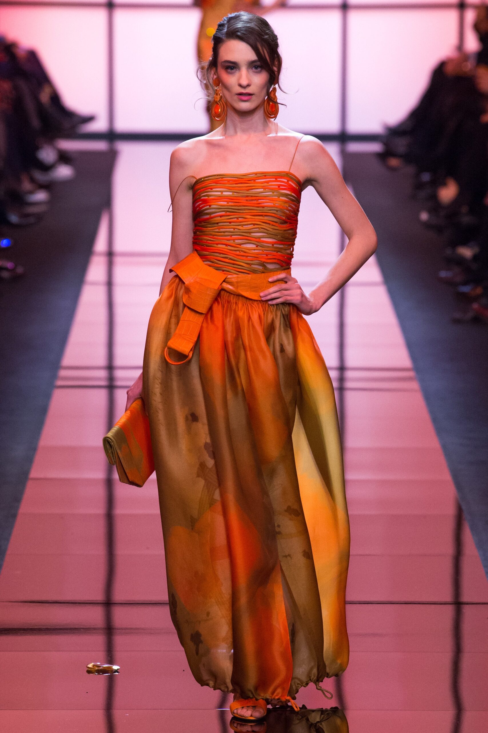 orange and yellow pleated gown