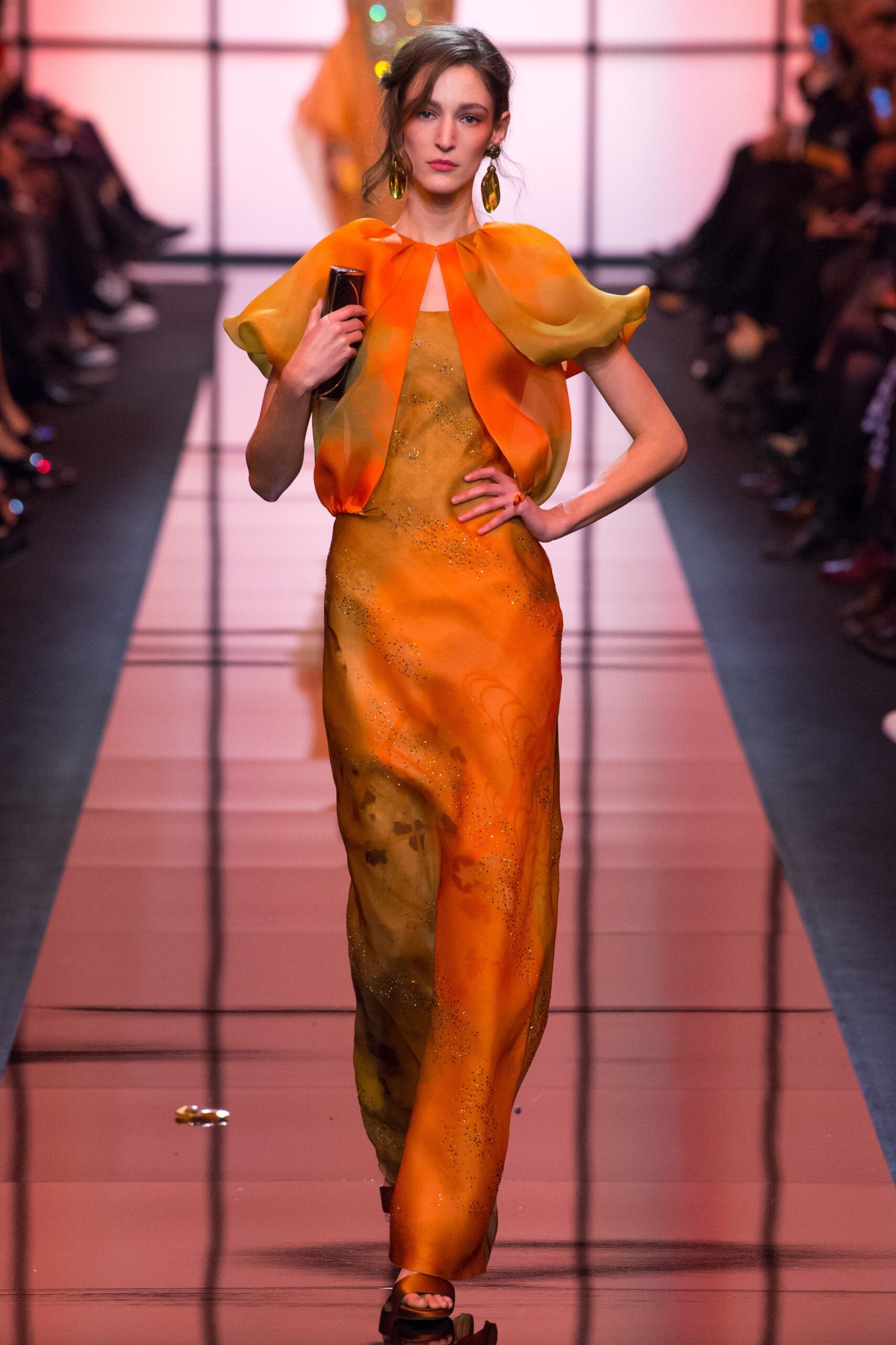 orange silk draped gown