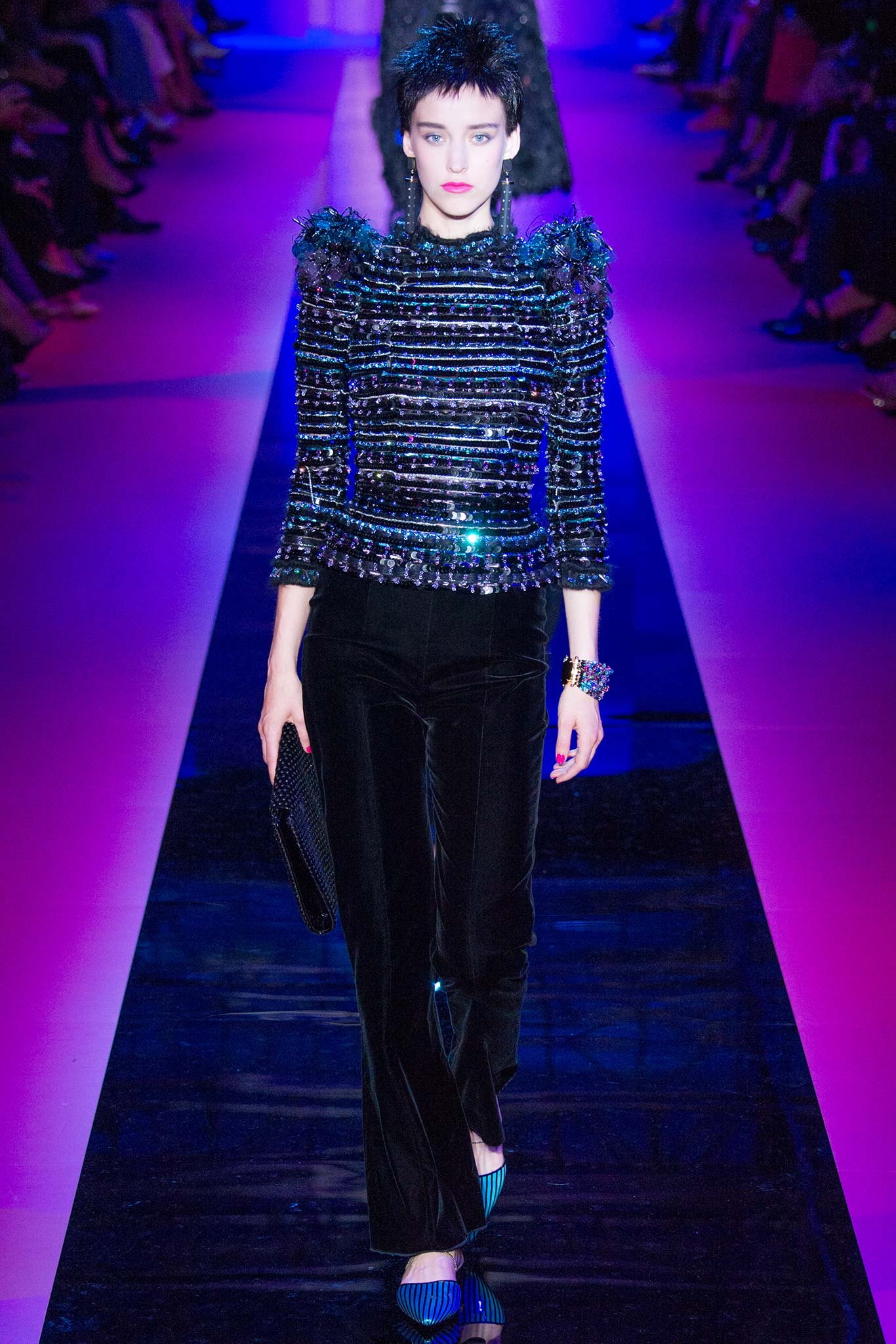 black embellished top with velvet pants