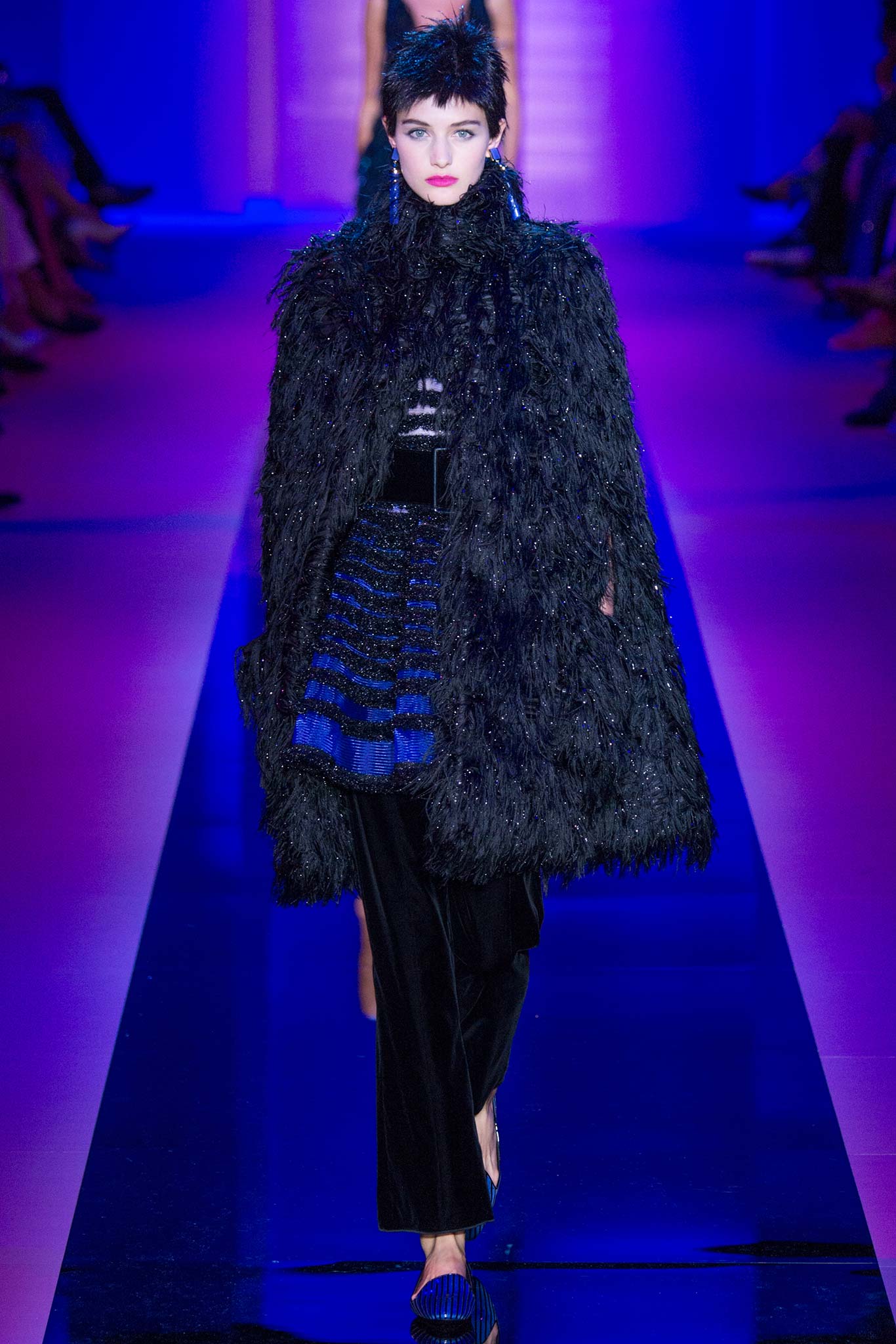 black fur cape with blue top