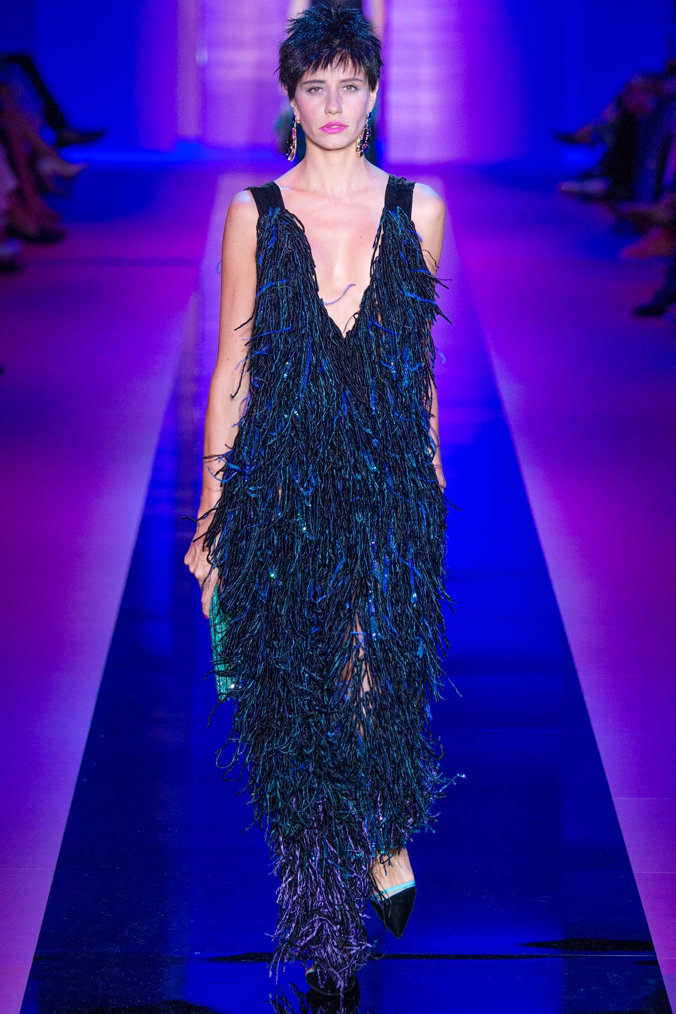 black and blue fringed midi dress