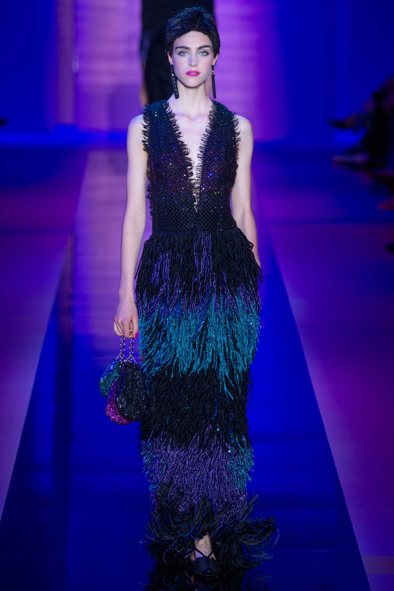 fringed black and purple gown