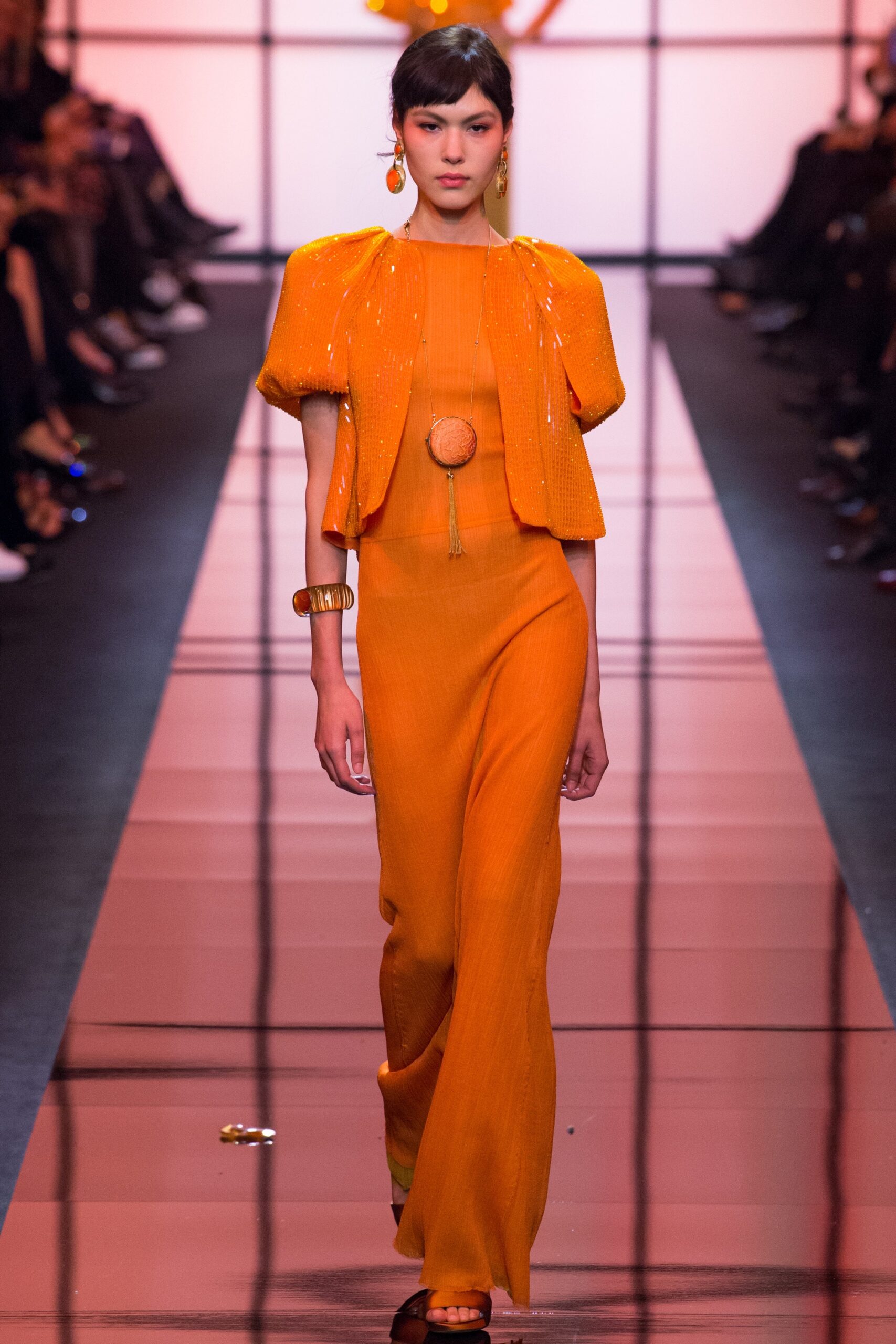 orange silk gown with sequined jacket