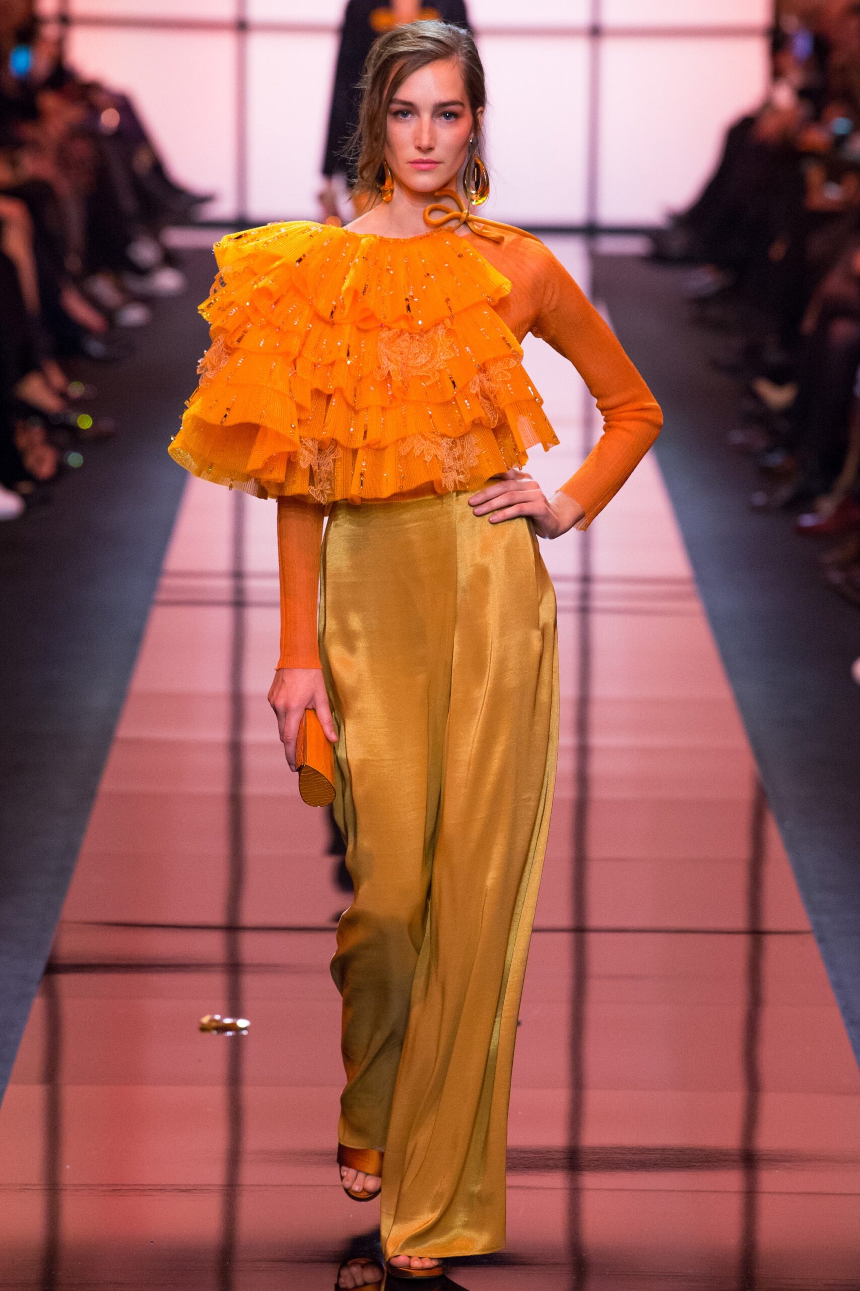 orange silk long-sleeve high-neck fitted ruffled top