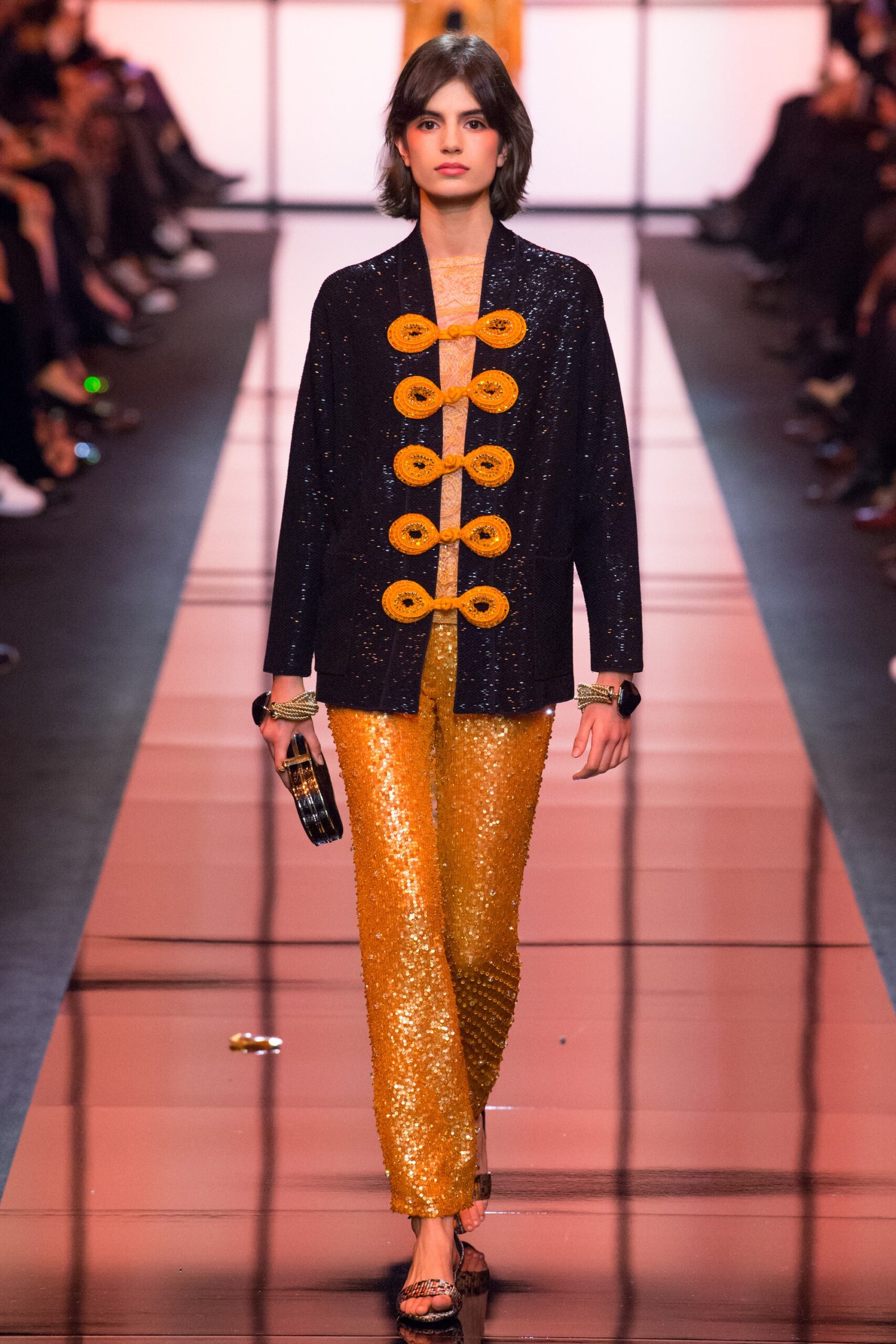 black sequin long-sleeve collared fitted buttoned shiny jacket