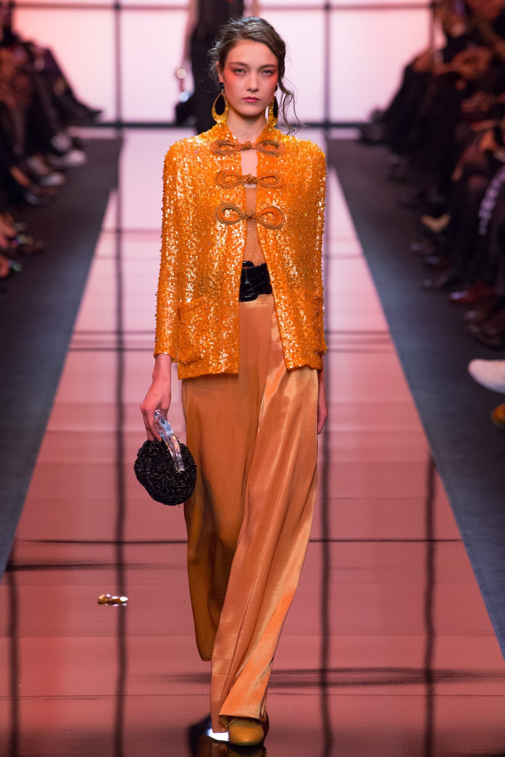 orange sequin long-sleeve collared fitted buttoned shiny jacket