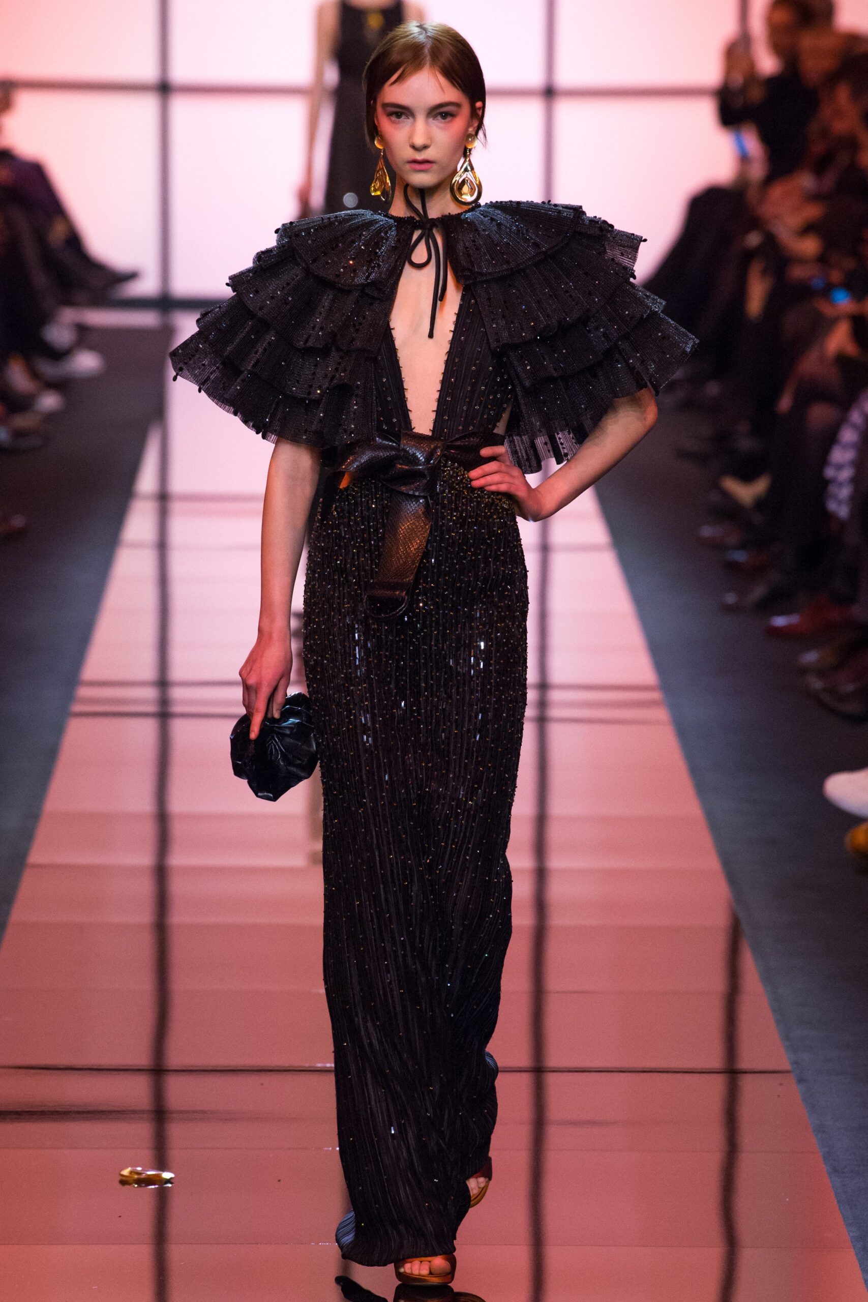 black silk short-sleeve structured layered ruffled cape