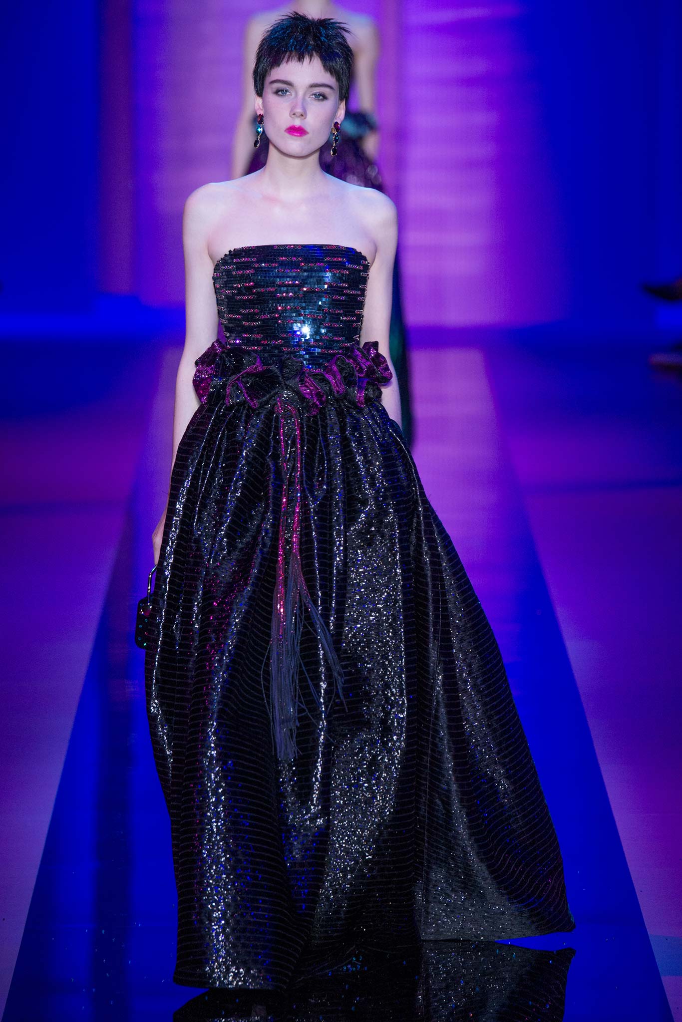 black silk strapless gown