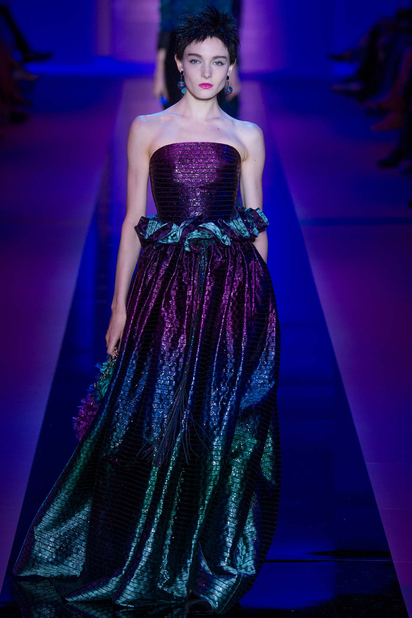 purple and green strapless gown