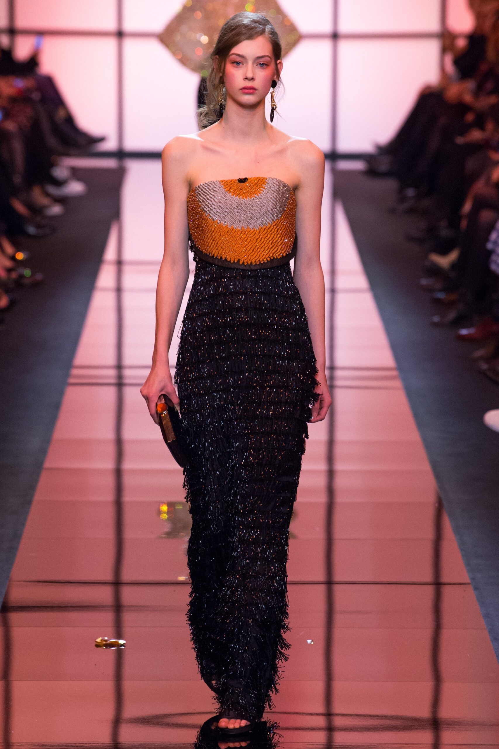 black and orange strapless gown