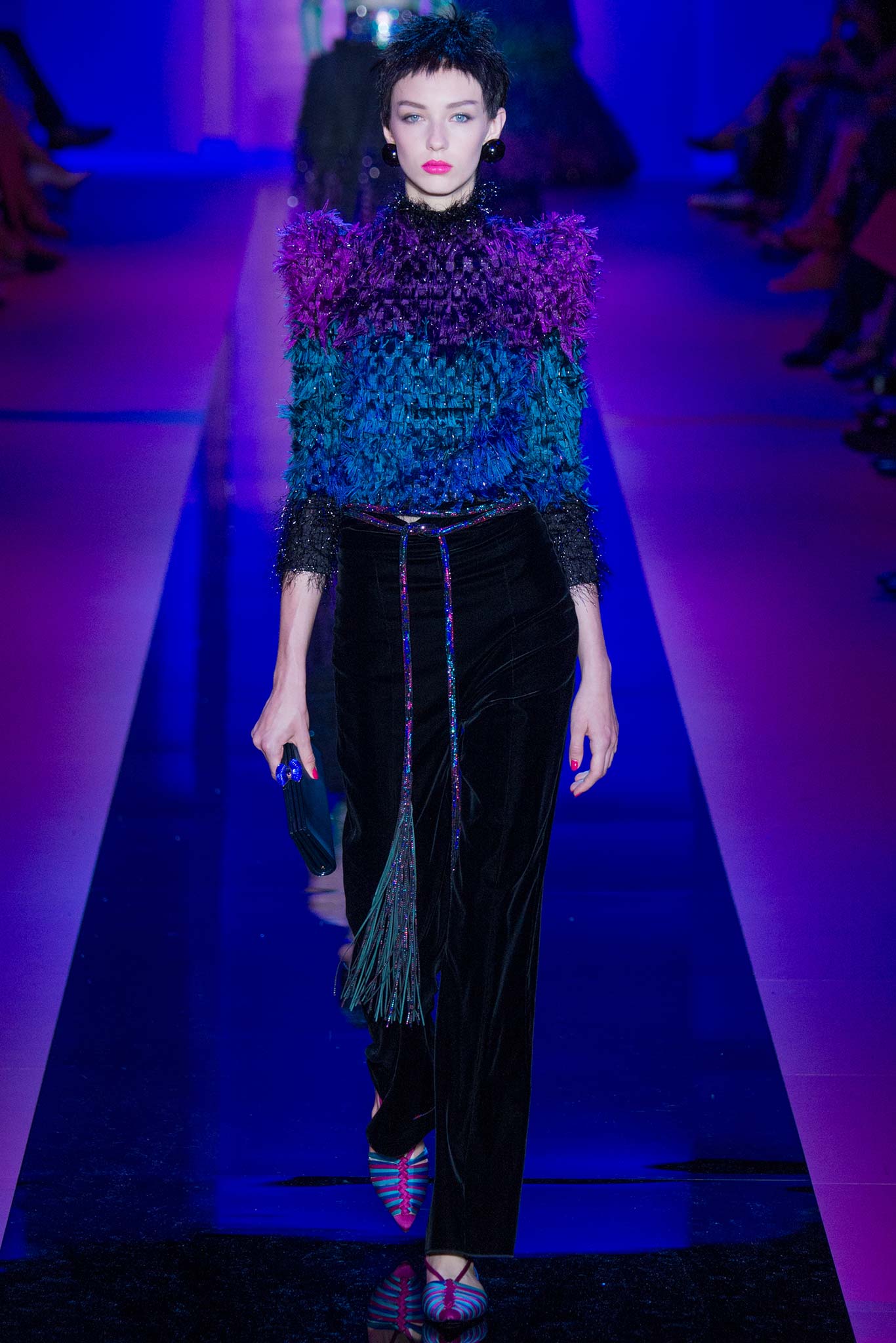 blue and purple ruffled top with black velvet pants