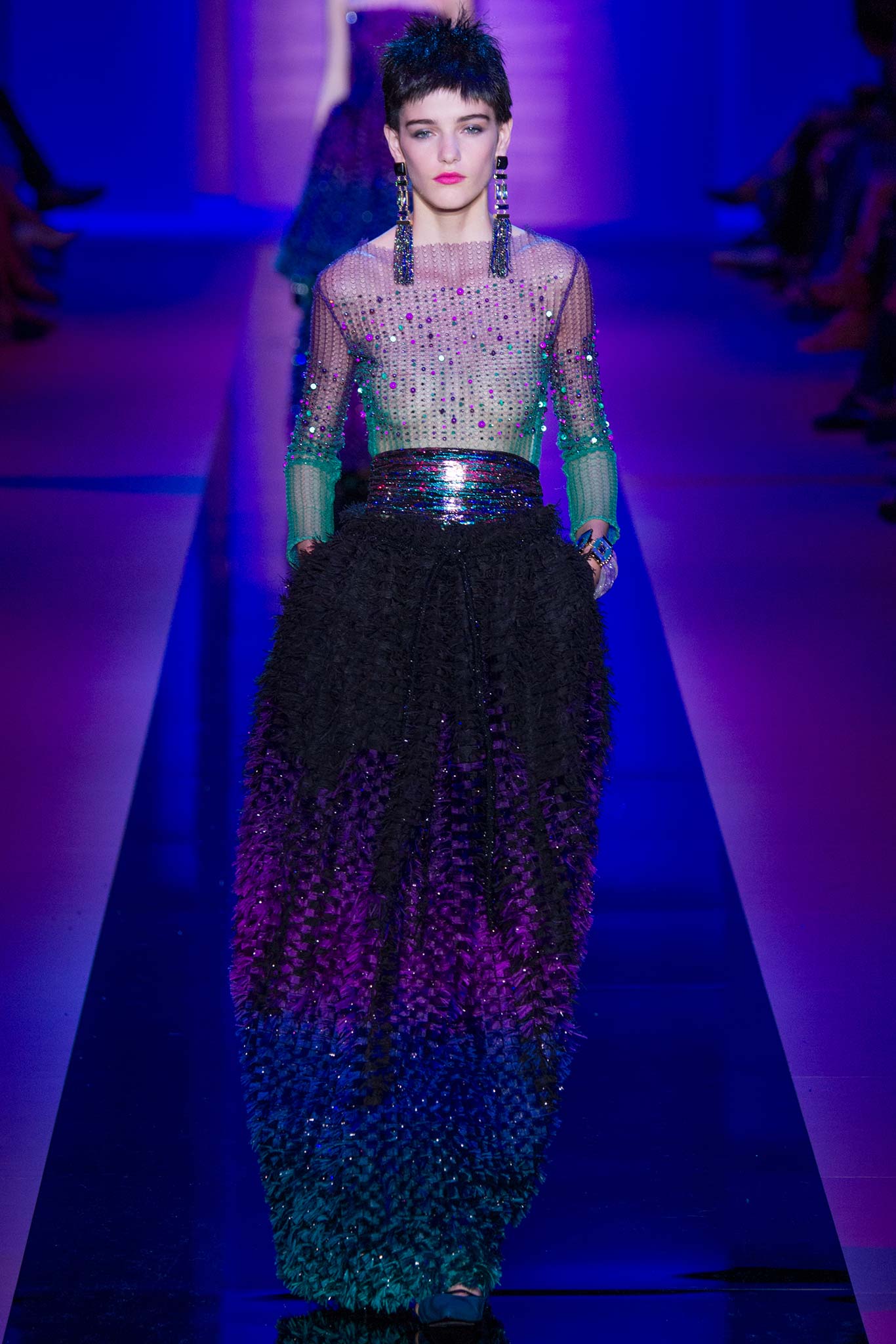 purple and green pleated gown