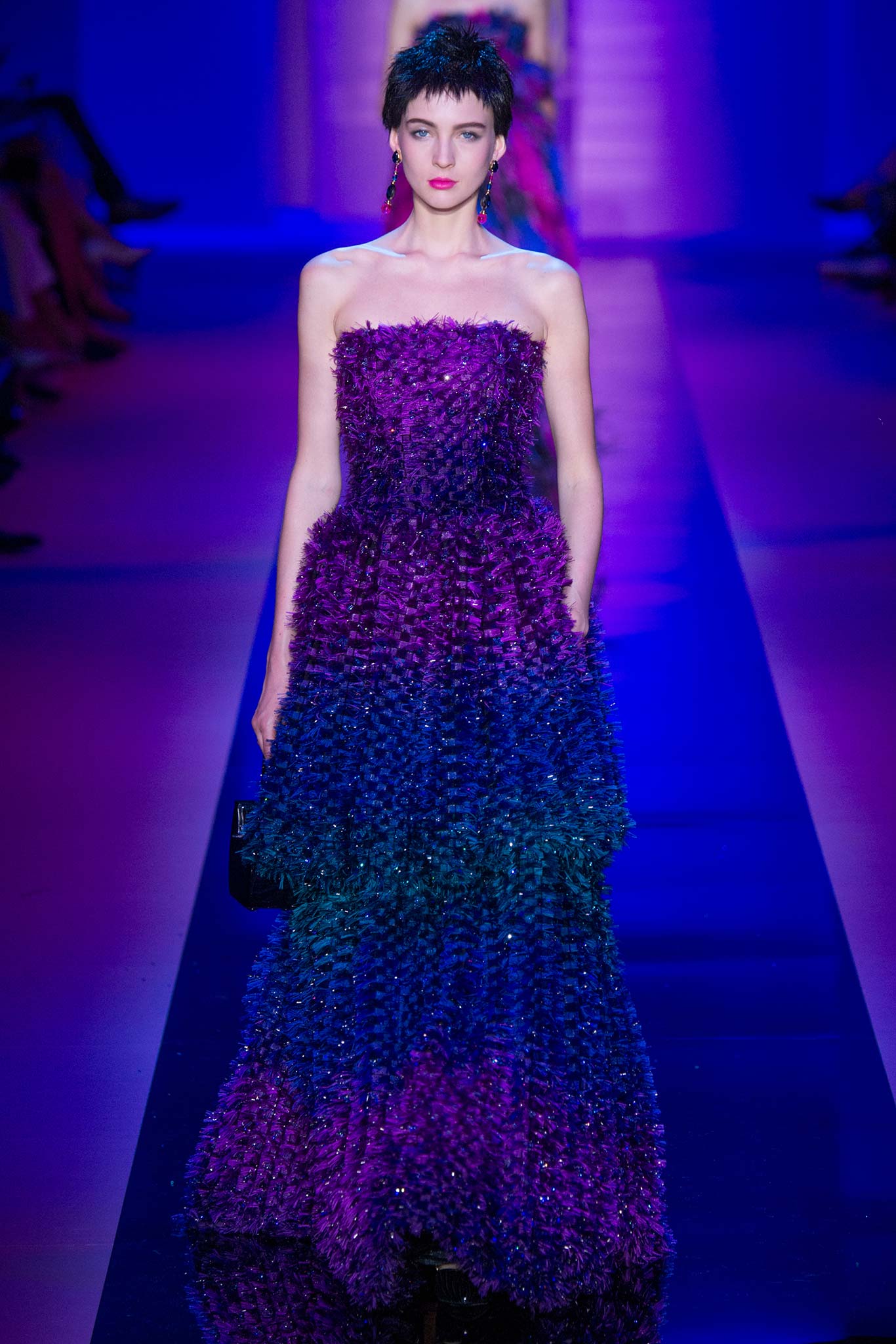 purple blue green tiered gown