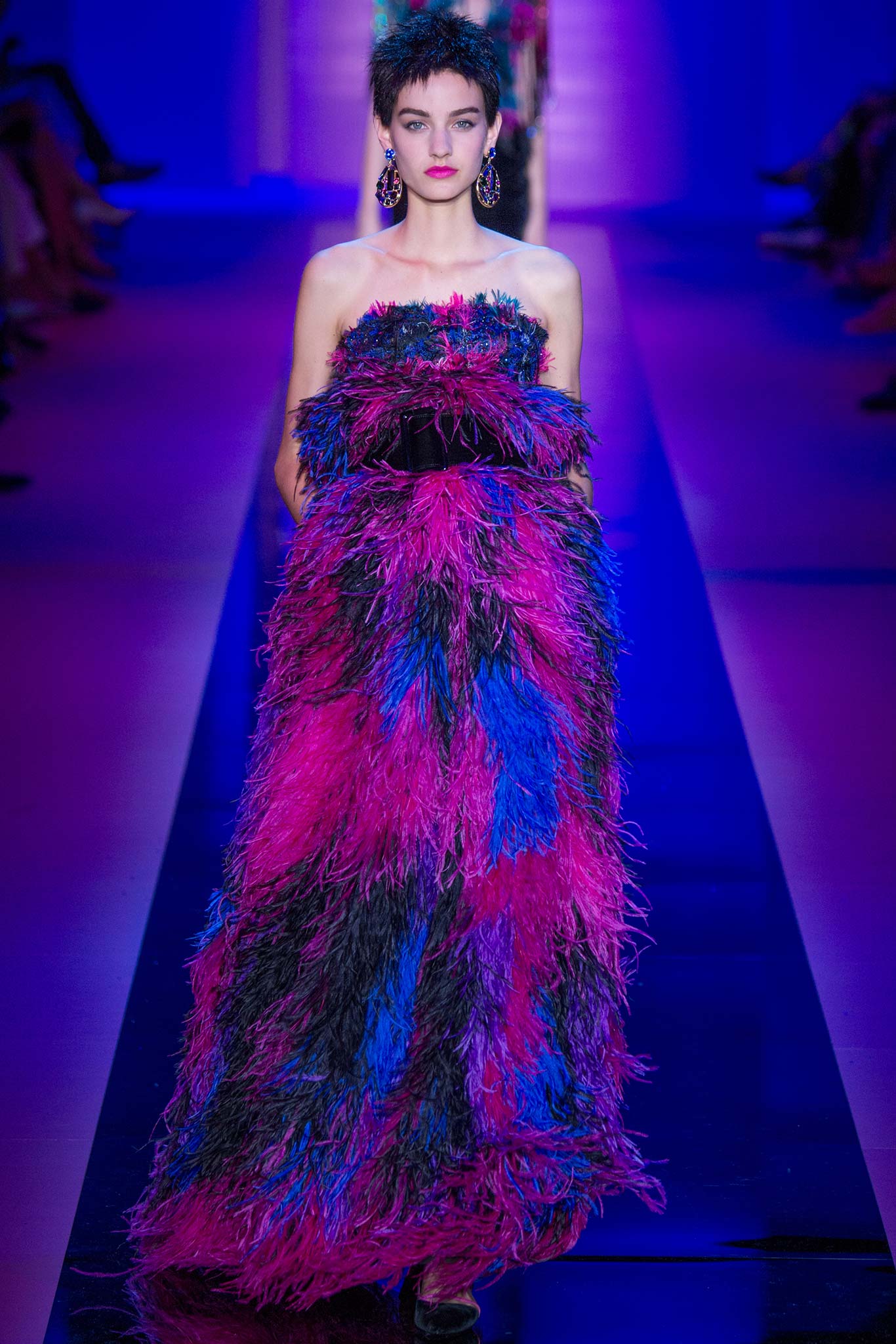 pink and blue feather gown
