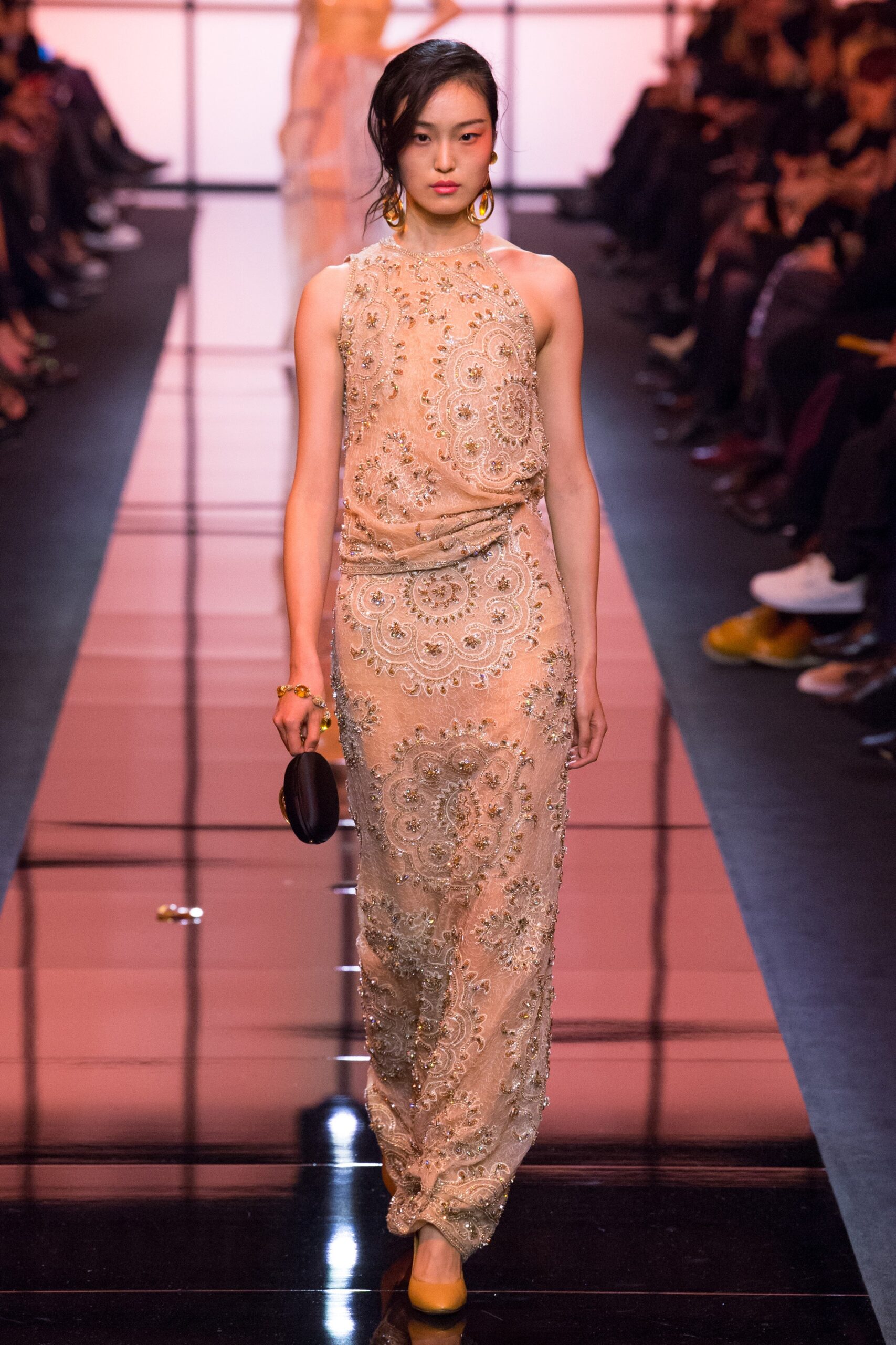 beige embroidered sleeveless gown
