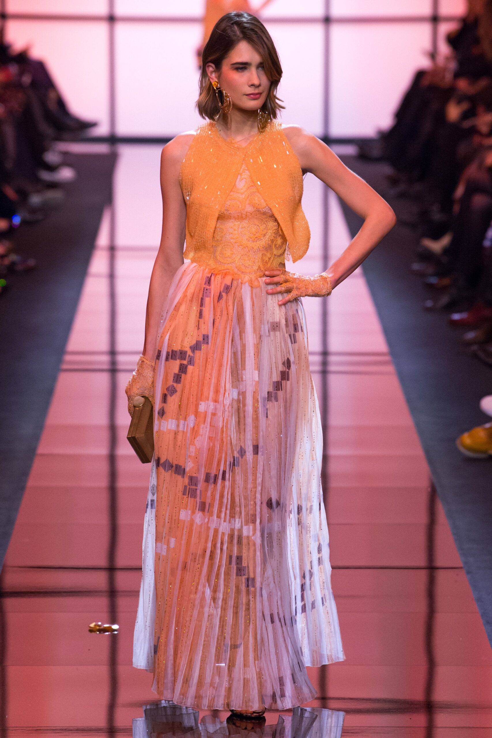 orange and white pleated gown