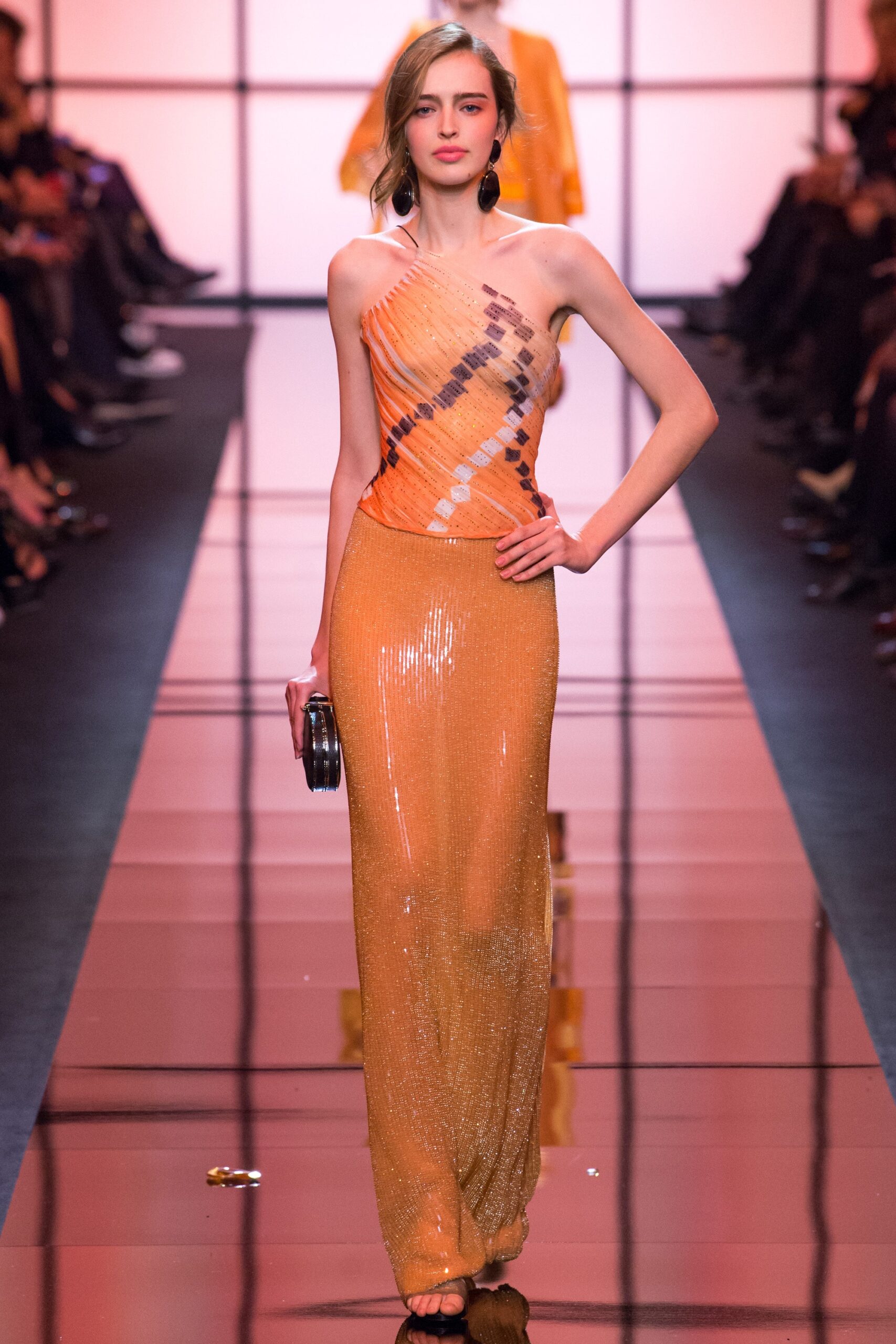 fitted orange sequin gown