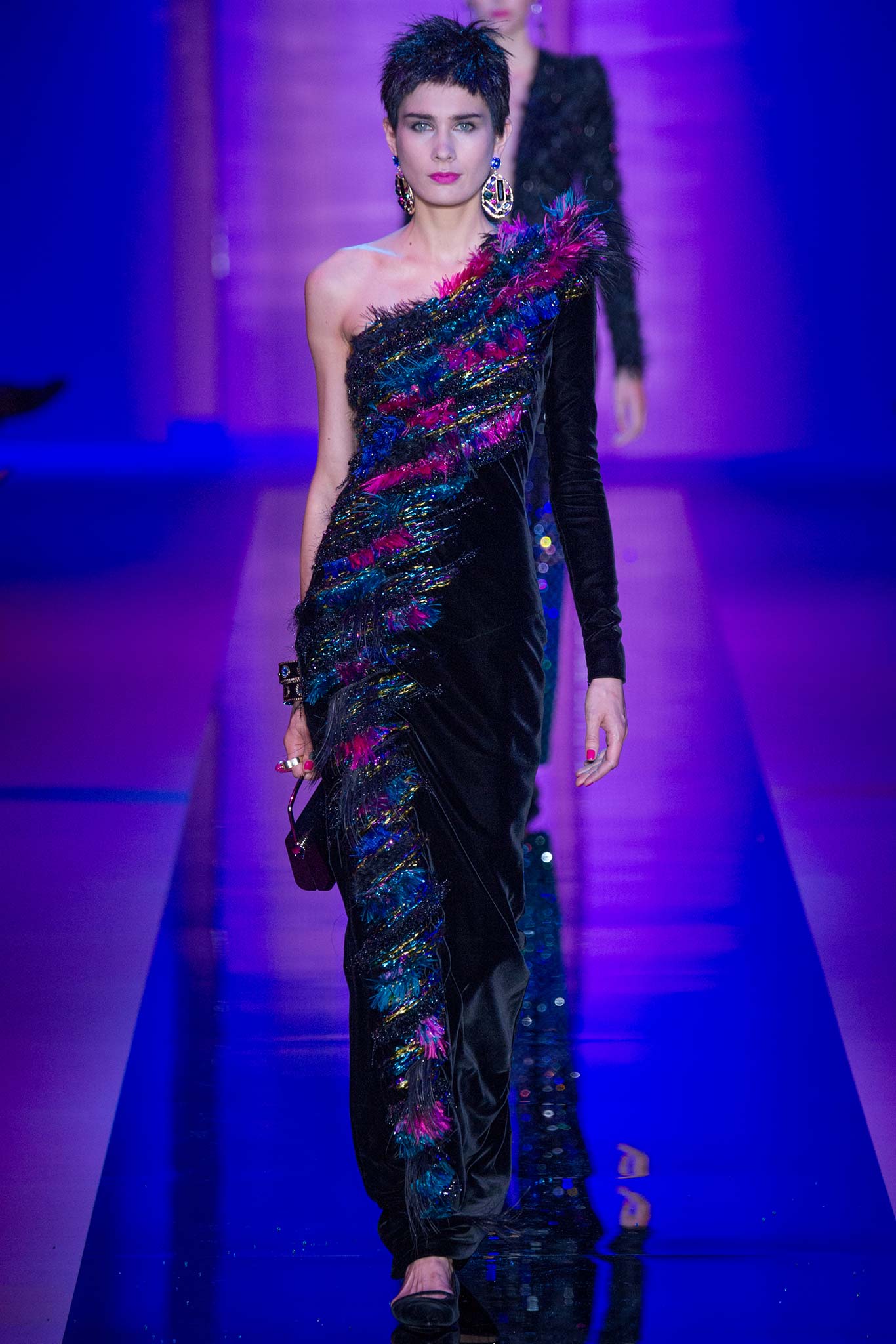 black silk off-shoulder gown