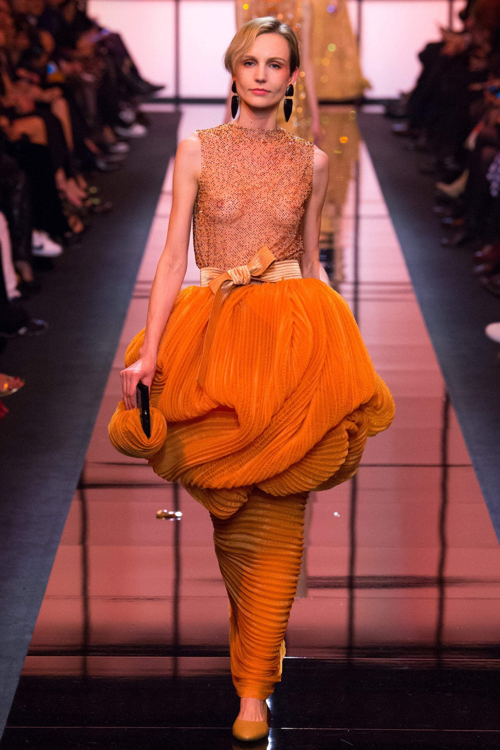 orange pleated midi dress