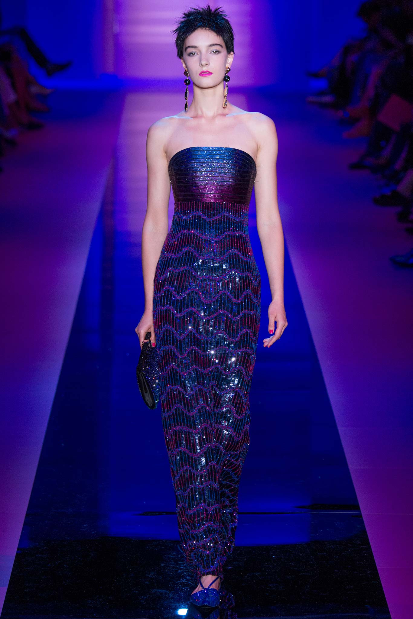 purple black sequin strapless gown