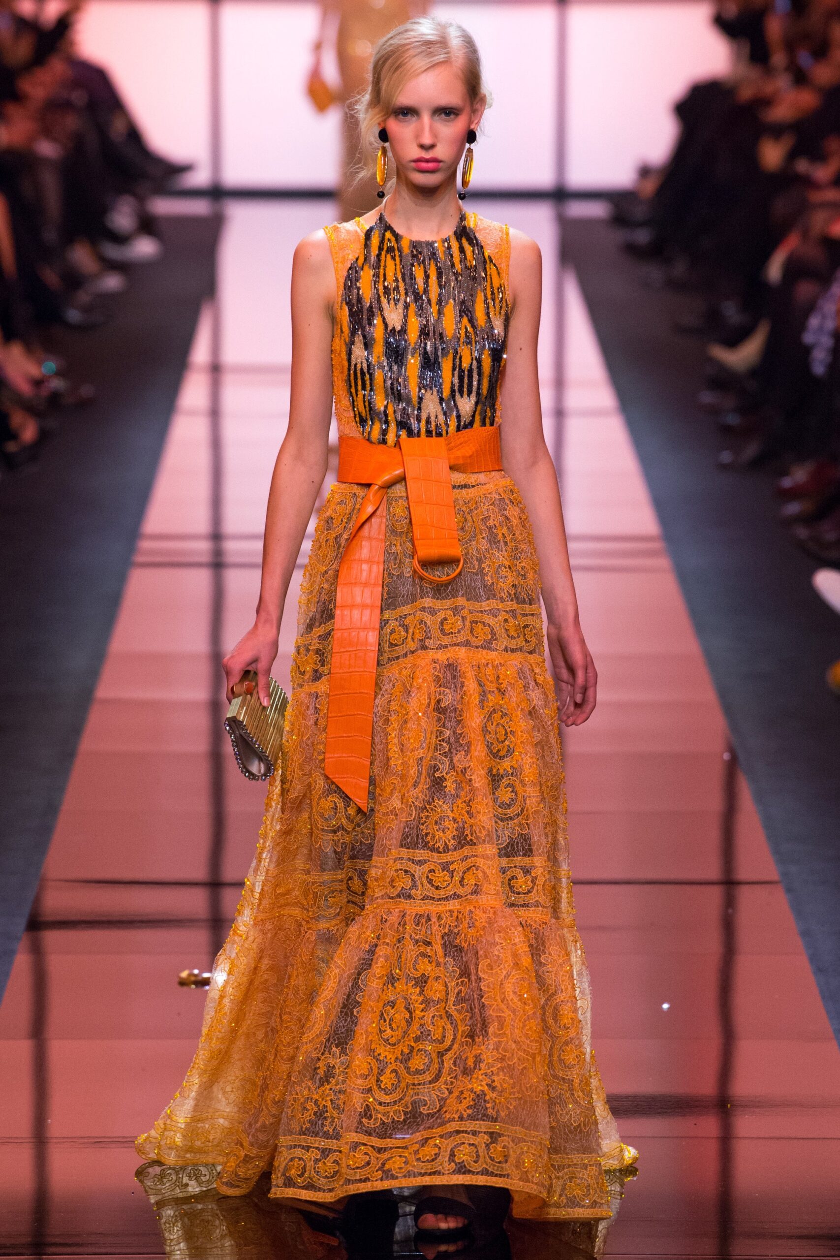orange embroidered sleeveless gown
