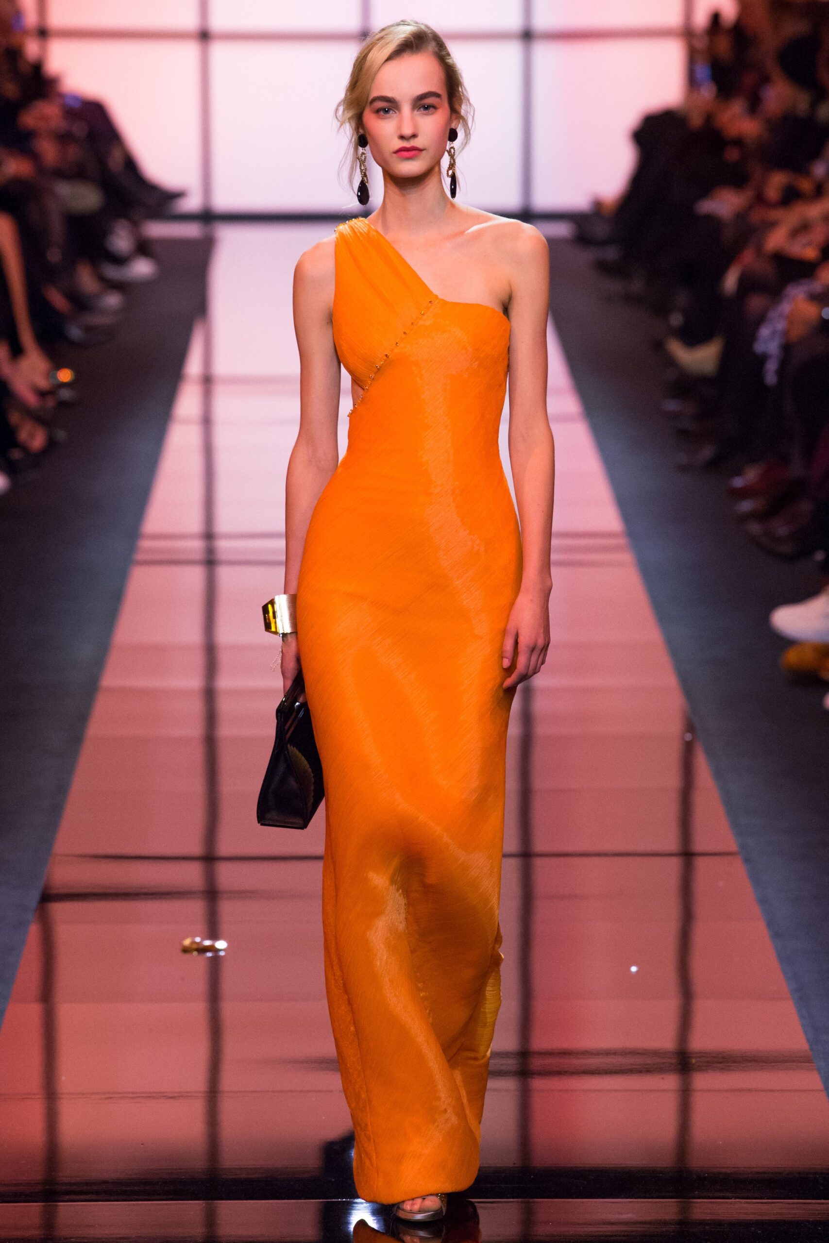 fitted orange silk gown