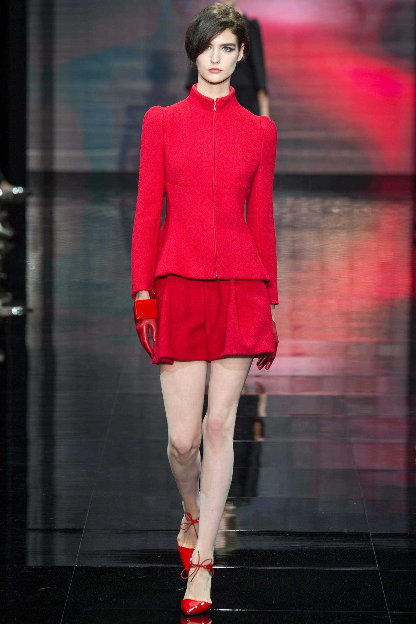 red wool long-sleeve collared fitted flared jacket