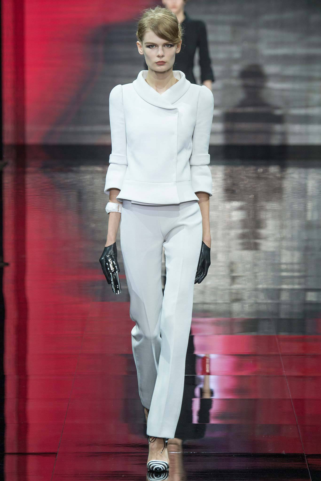 white fitted blazer with gray tailored pants