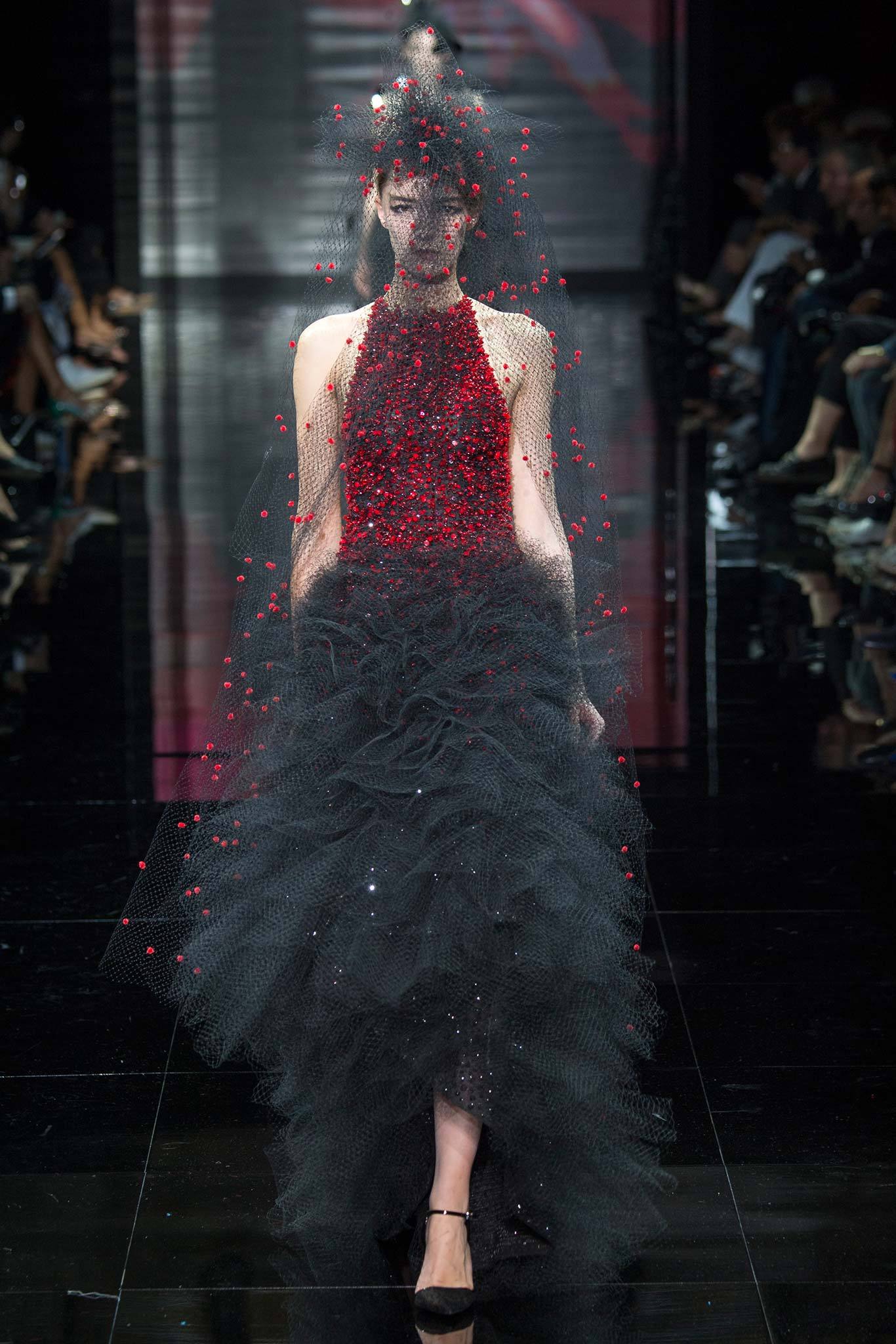 red and black ruffled gown