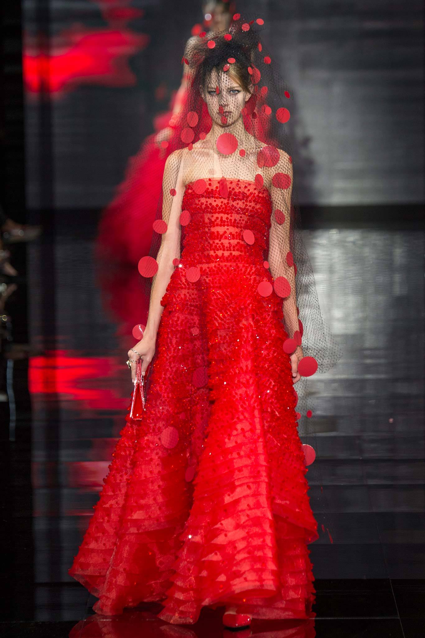 red tiered gown with veil