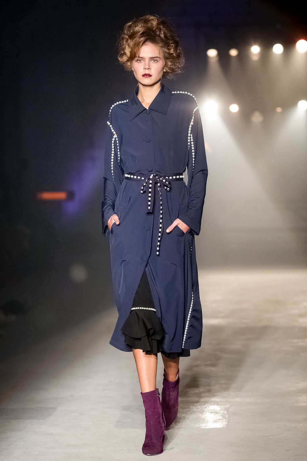 blue midi dress with purple boots