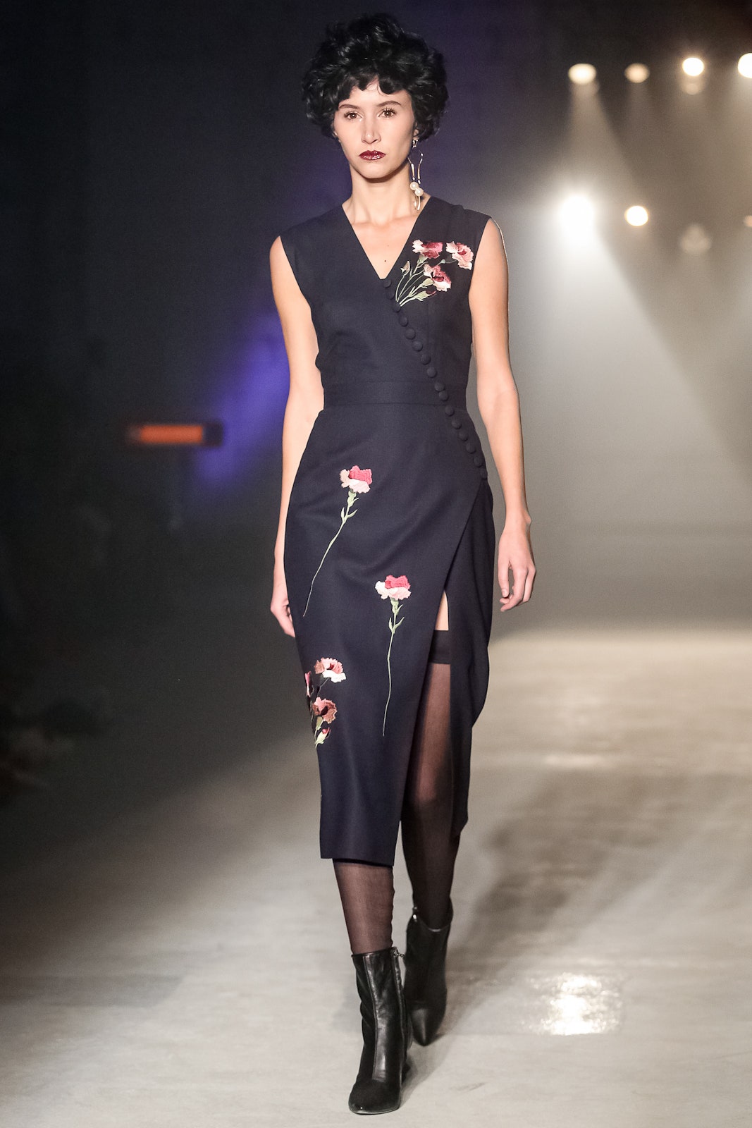 black silk embroidered midi dress