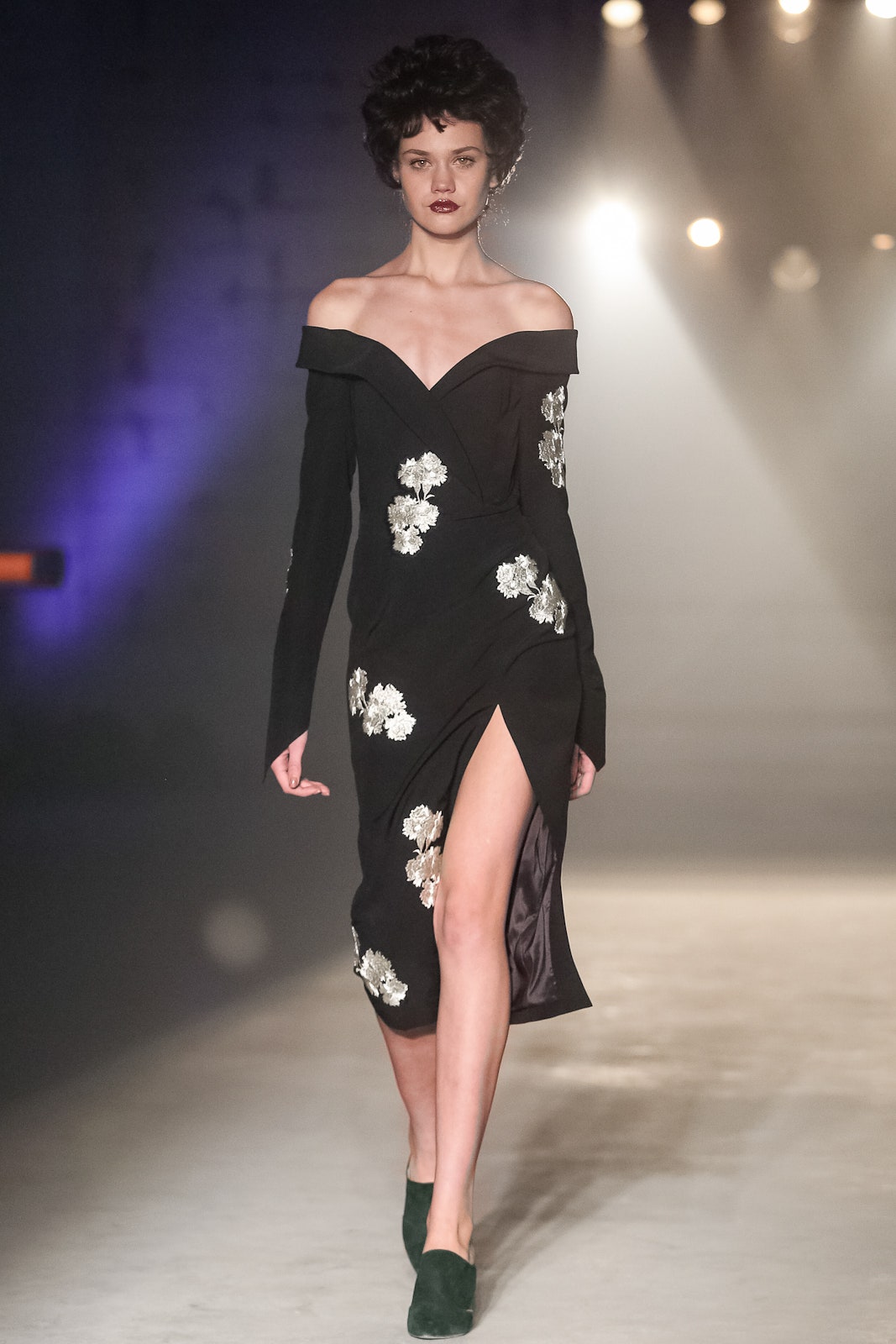 black silk off-shoulder dress
