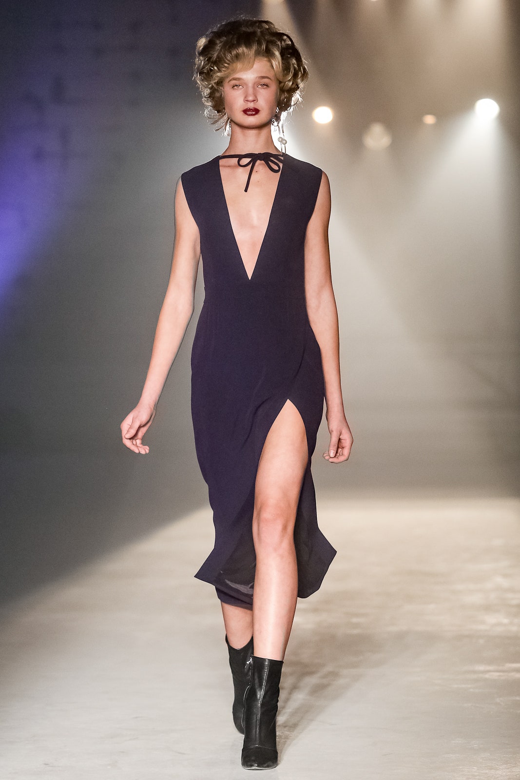 blue silk fitted dress with slit