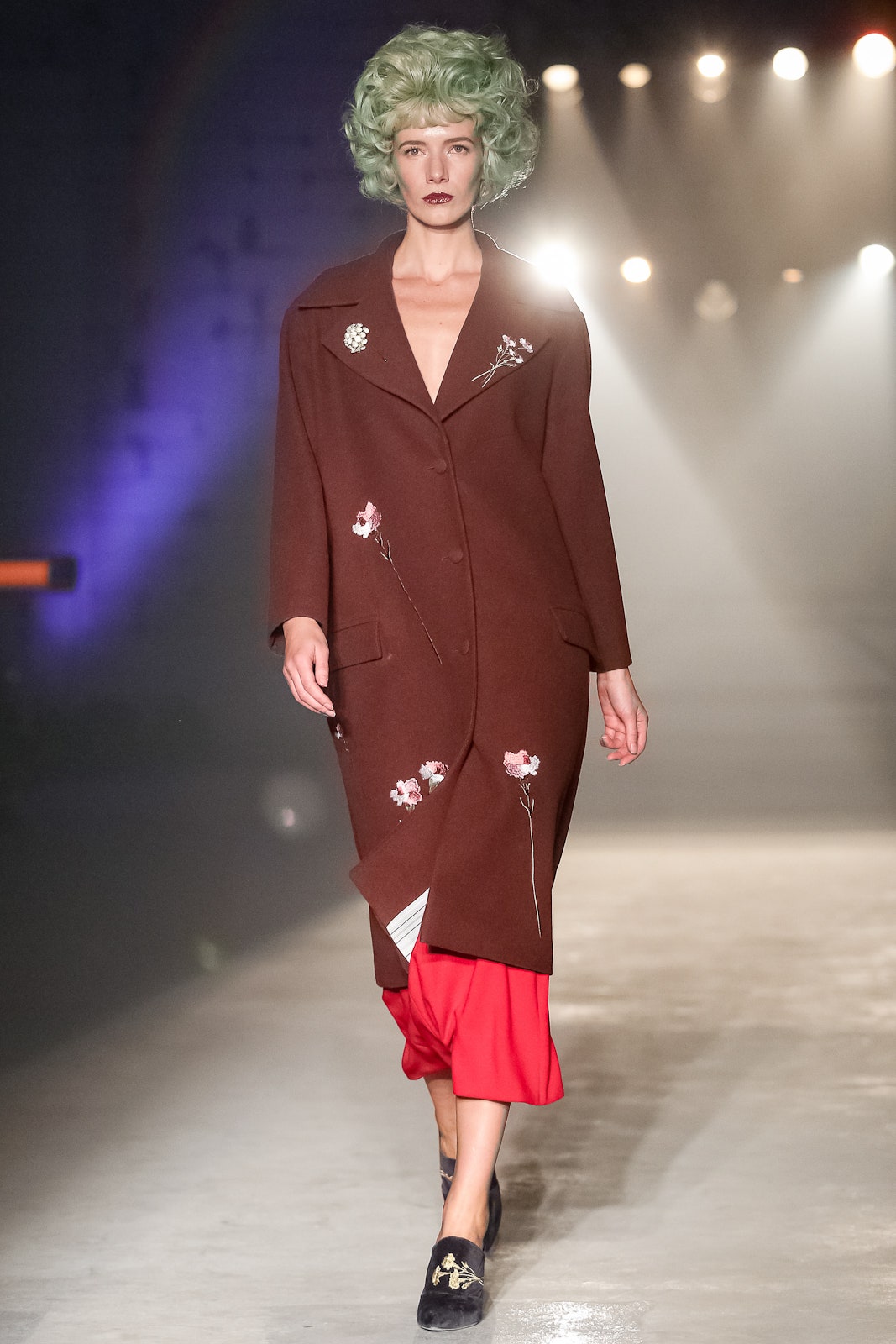 brown wool coat with red dress