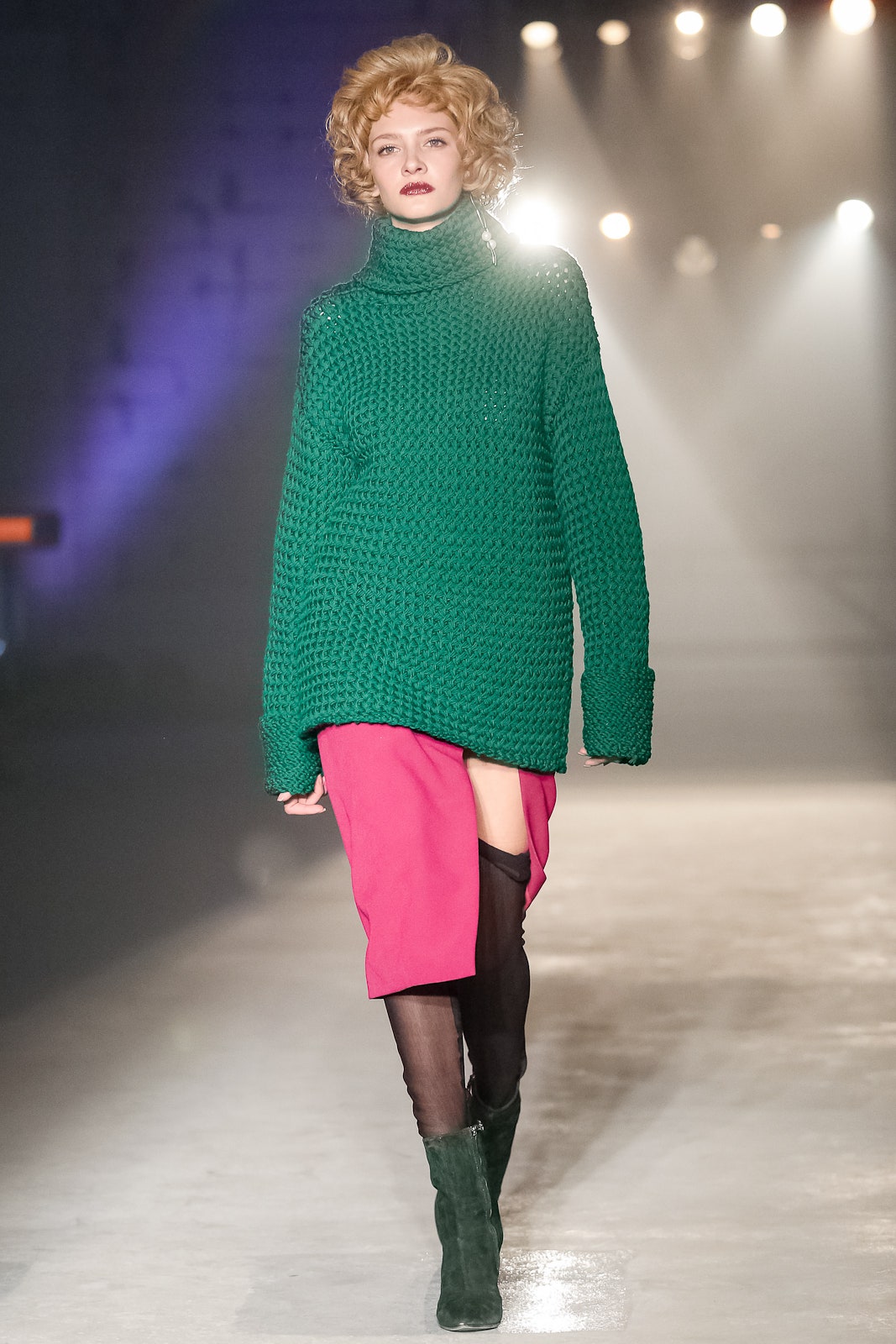 oversized green knit sweater with pink skirt