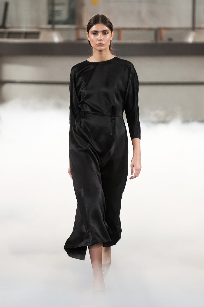 black silk long-sleeve dress