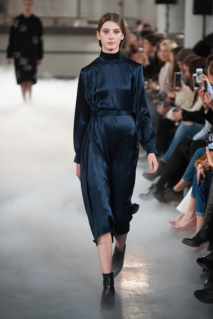 blue silk long-sleeve dress