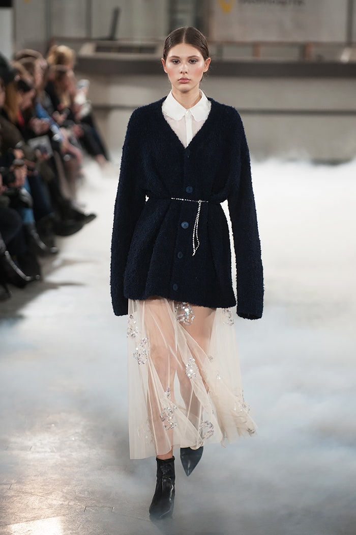 navy oversized cardigan and white midi dress