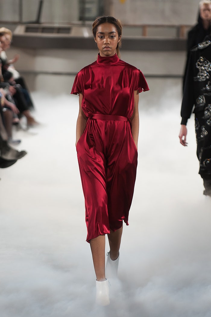 red silk fitted jumpsuit