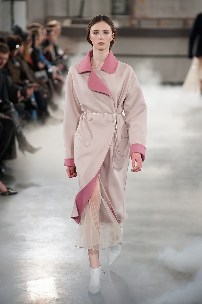 pink beige coat over white dress